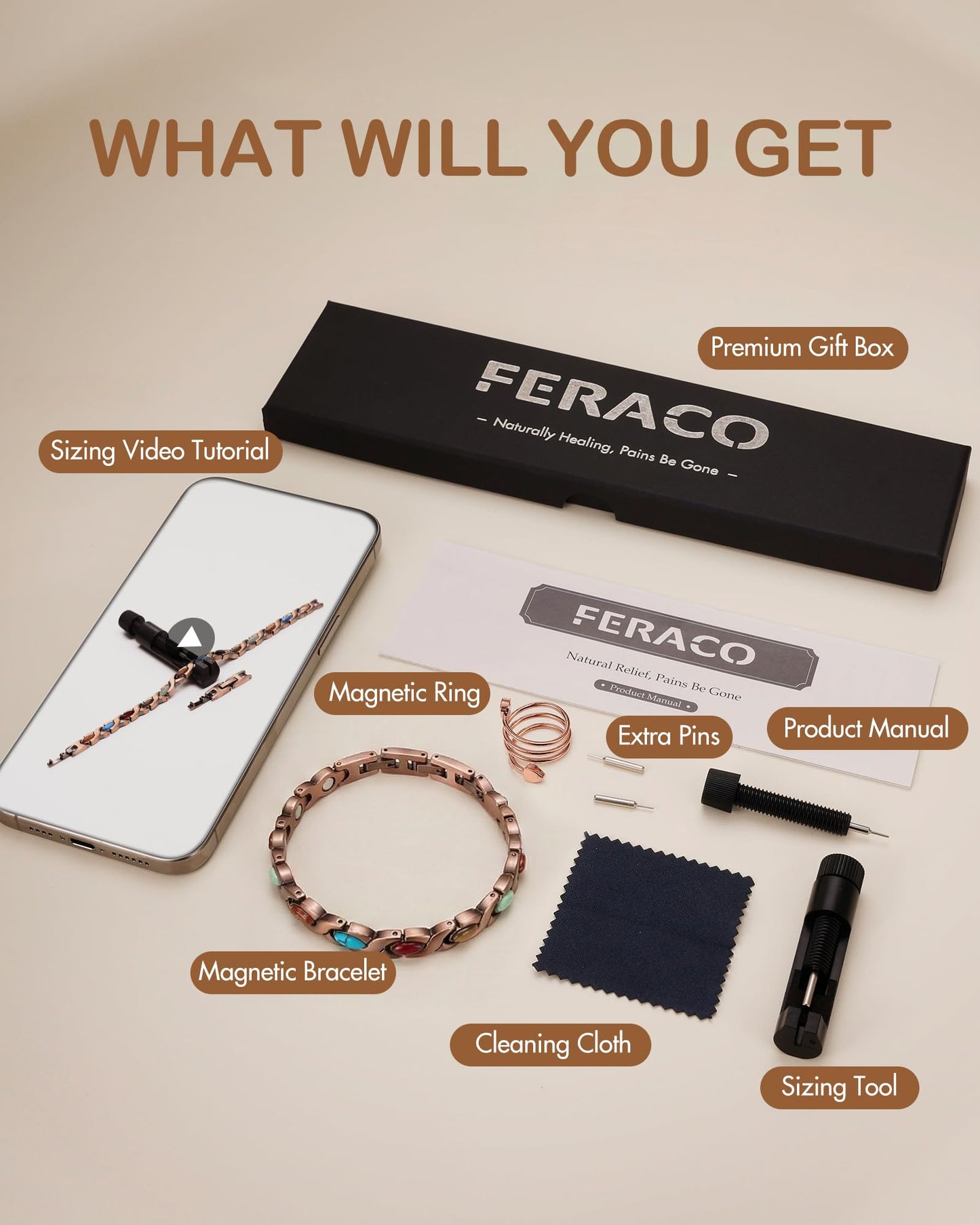 Feraco Pure Copper Bracelets & Ring for Women, Ultra Strength Magnetic Therapy Bracelet with 3800 Gauss Magnets, Natural Turquoise & Stones, Adjustable, Infinite Jewelry
