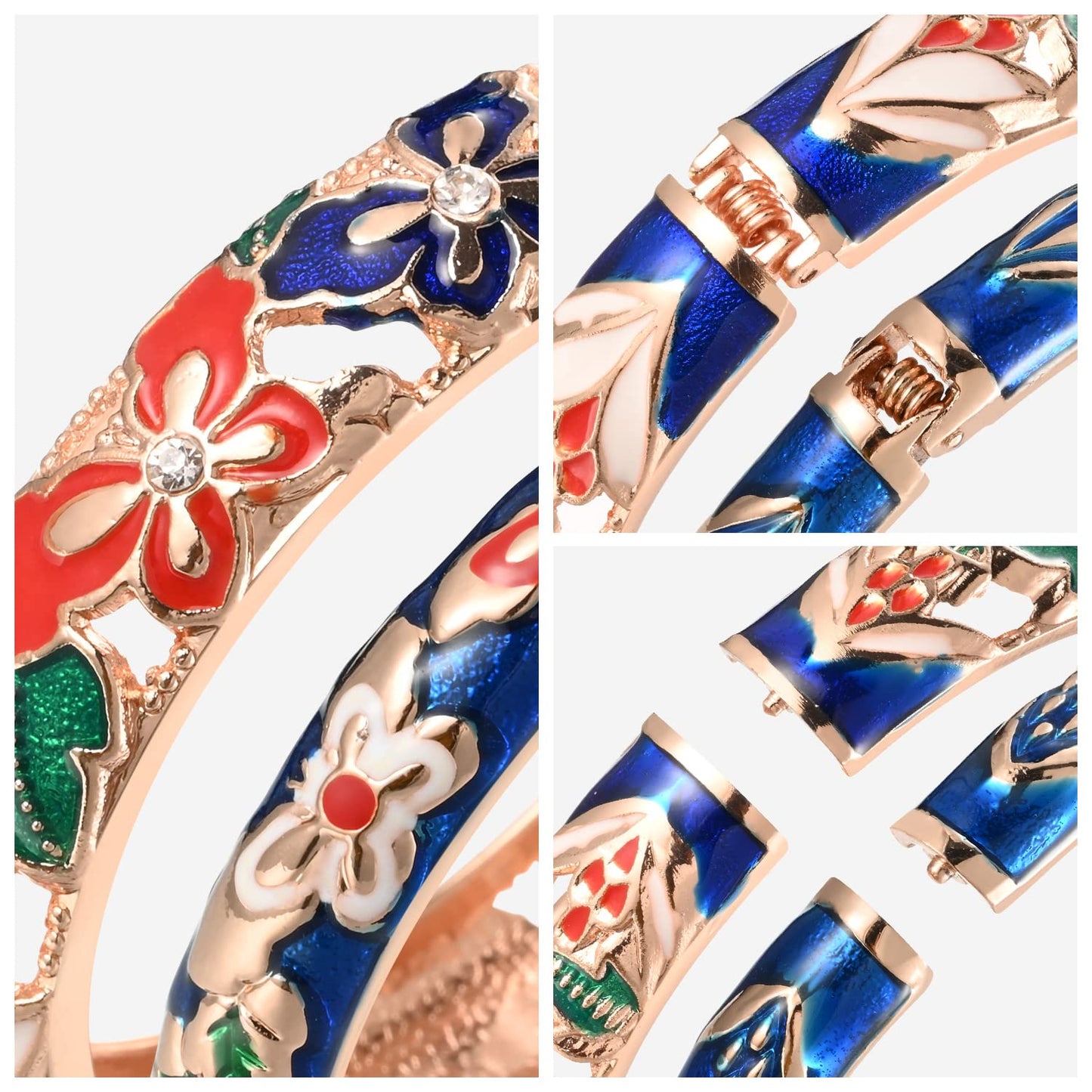 UJOY Bracelet Cloisonne Jewelry Fashion Opening Hinged Bangles Crafted Blue Colored Enamel Flower Gifts for Women 88A09 Blue