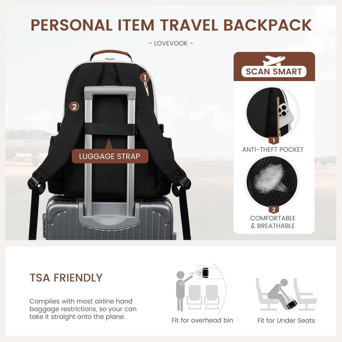 LOVEVOOK Laptop Backpack for Women with Pouch Pocket for Large Capacity Cup,17 Inch Laptop Computer Bag Travel Backpack Purse,Waterproof Work Business Backpack College Teacher Bags,Beige-Black-Brown