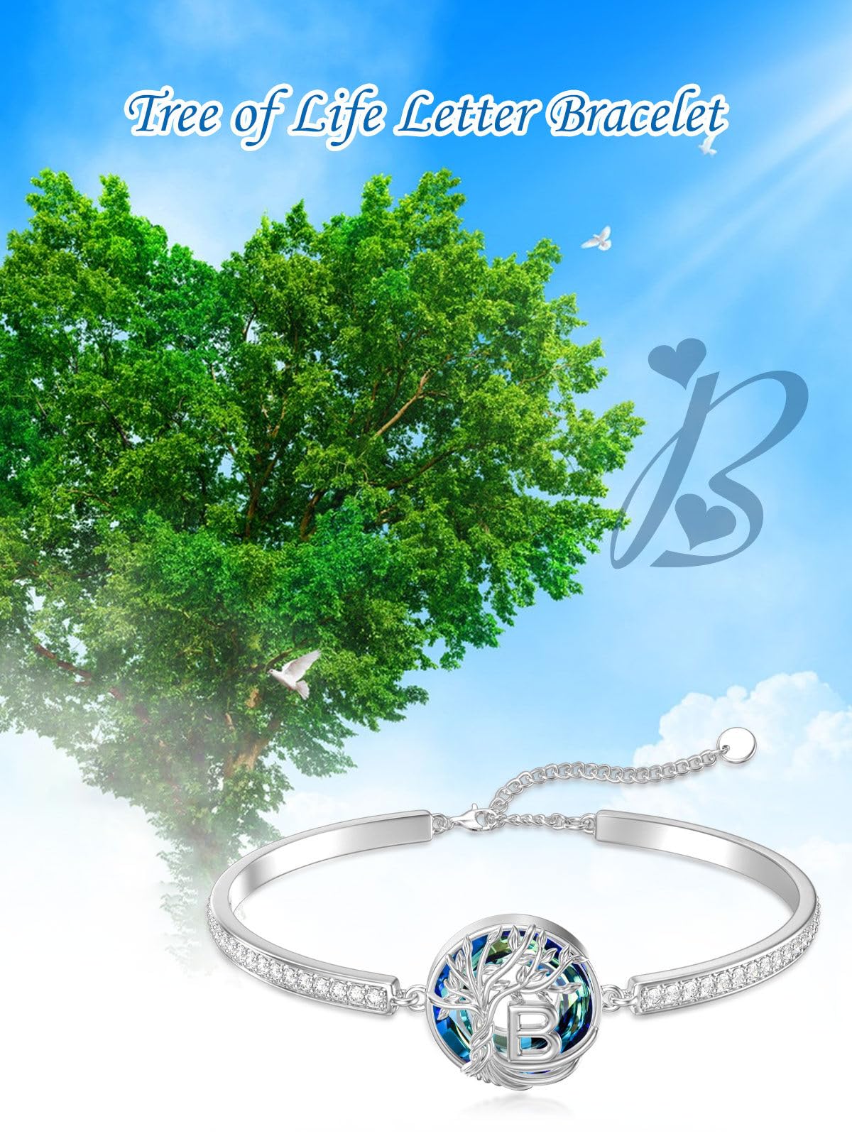 TOUPOP Tree of Life Bracelet Sterling Silver Initial B Letter Bangle Bracelet Family Tree Blue Crystal Jewelry Mothers Day Birthday Gifts for Women Mom Wife