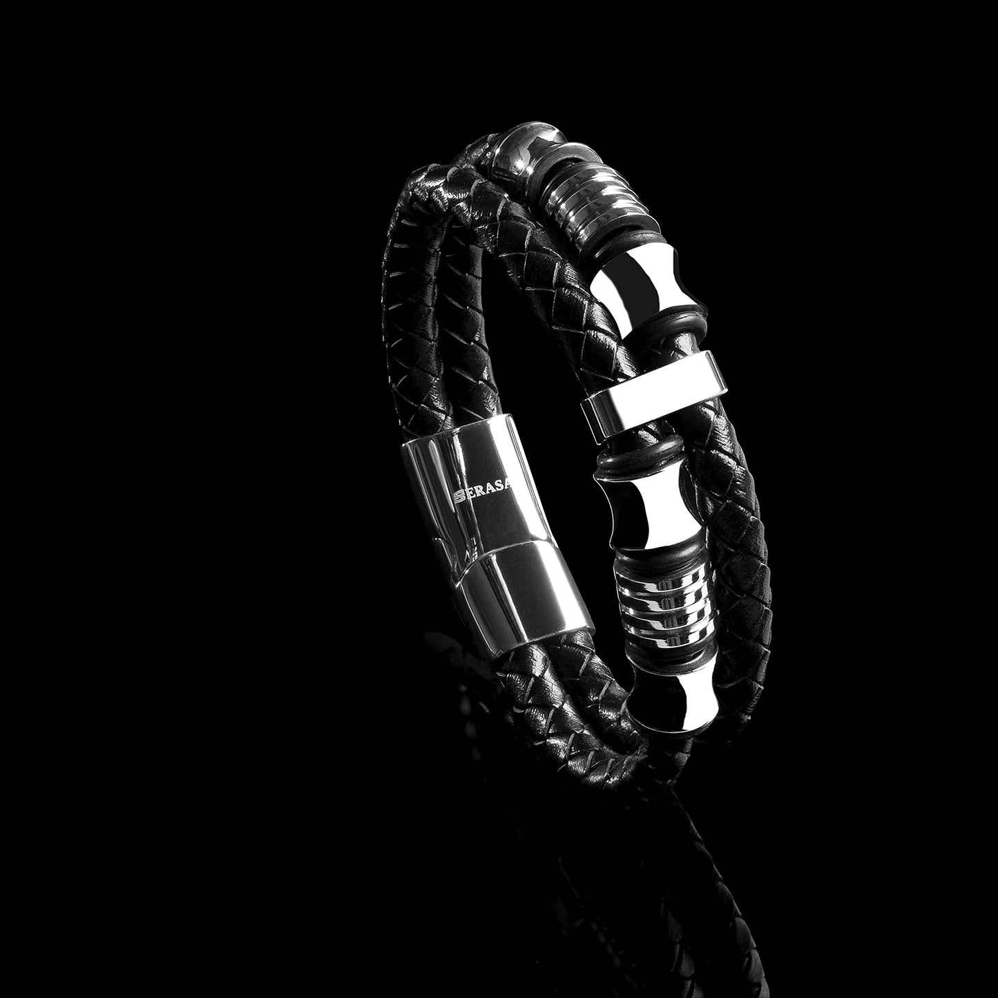 SERASAR 8″ Silver Leather Bracelets for Men Mens Cowhide Gift Box Braided Bracelet Stainless Steel Jewelry Wrist Band Cuff Wrap Rope Bangle Dad Pulseras para Hombres Cuero Regalo