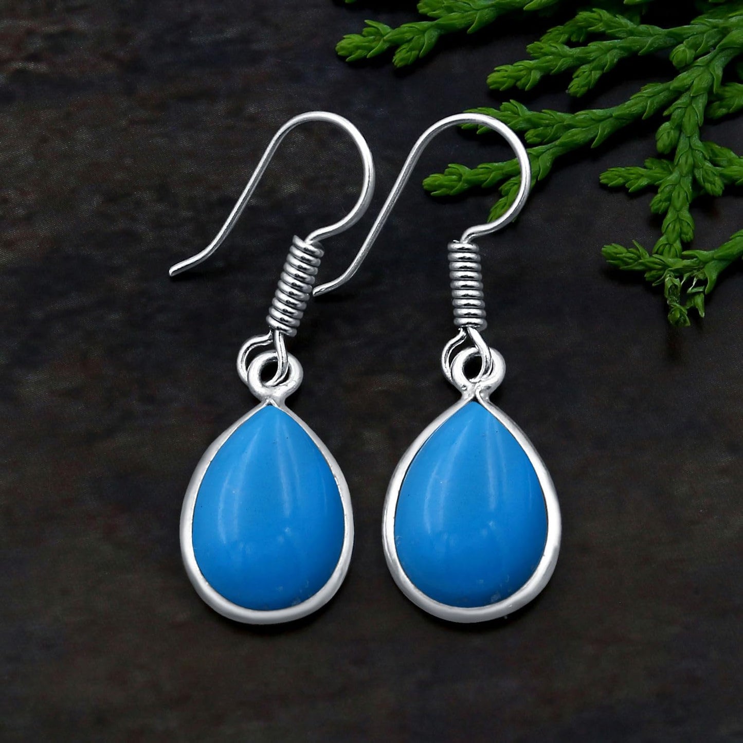 Simulated Blue Sleeping Beauty Turquoise Sterling Silver Plated Dangle Earrings for Women - Blue Stone Teardrop Shape Handmade Dangle & Drop Earrings Jewelry Gifts for Her