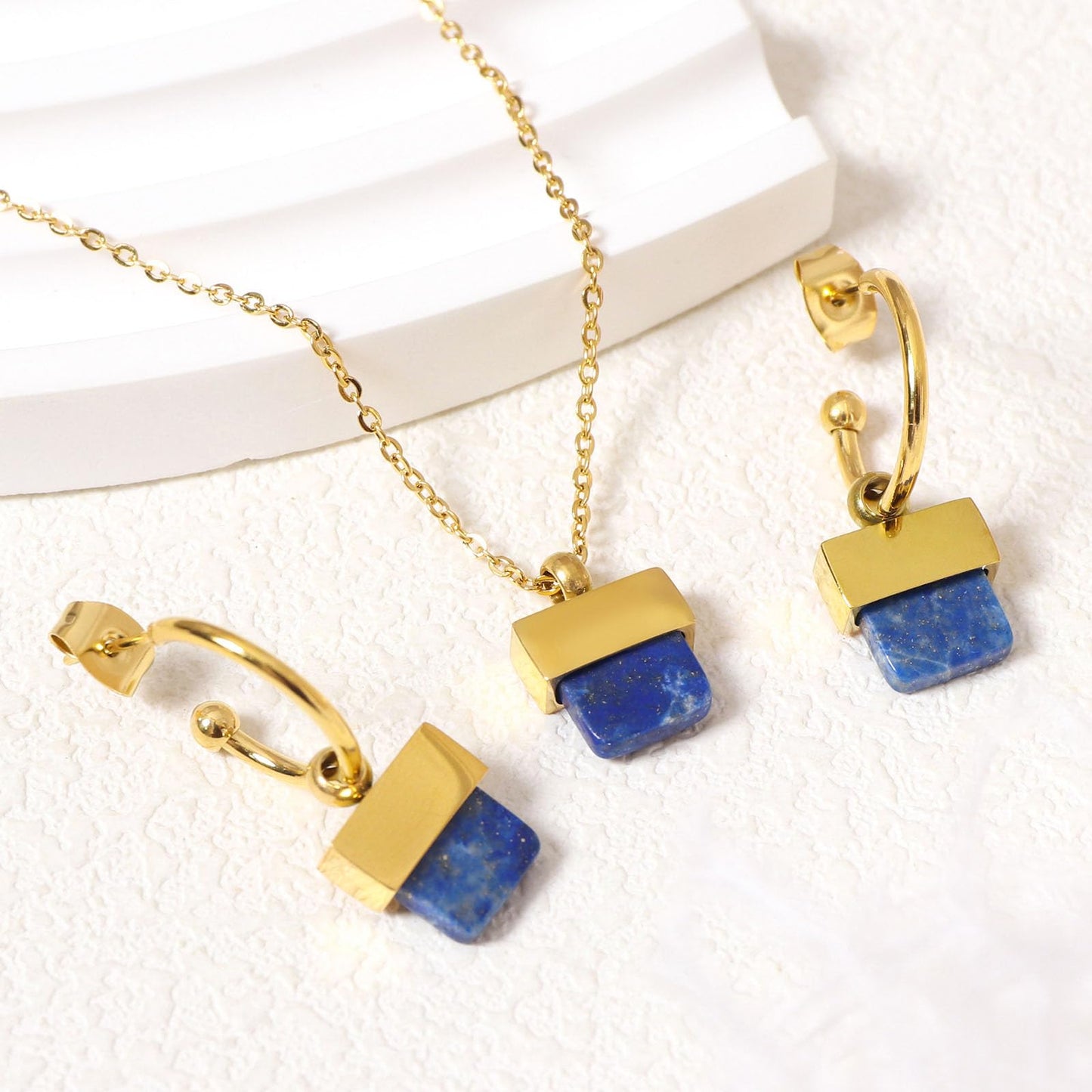 TaYolnFaSo Natural Lapis Lazuli Necklace and Earrings Set for Women 18K Gold Plated Lapis Lazuli Jewelry Set Square Gemstone Jewelry Gift