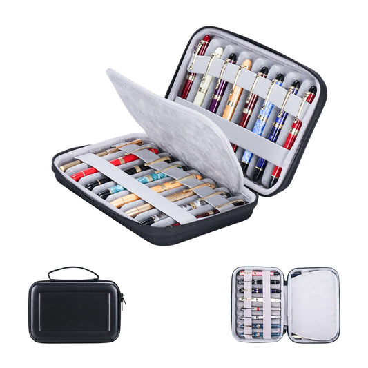 MIVLXLX PU Leather 16 Slots pen case/boxes， Pencil Tray Case Organizer,Handmade Display Zippered Pouch for Rollerball Pen，fountain pen-Retro（black）