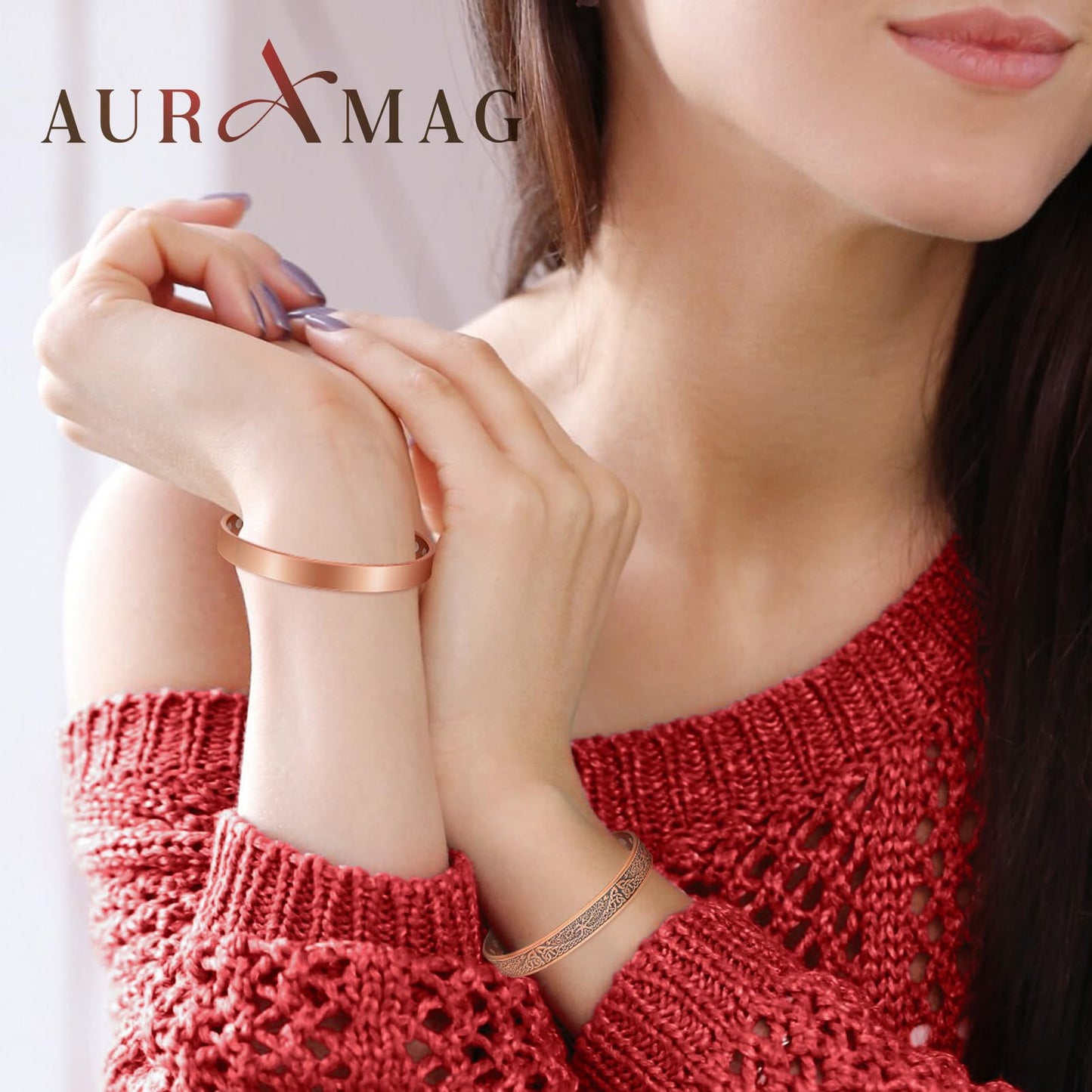 Auramag Copper Bracelets for Women, Magnetic Copper Bracelets for Women with 3500 Gauss Magnets, Adjustable Jewelry with Gift Box (2PCS)