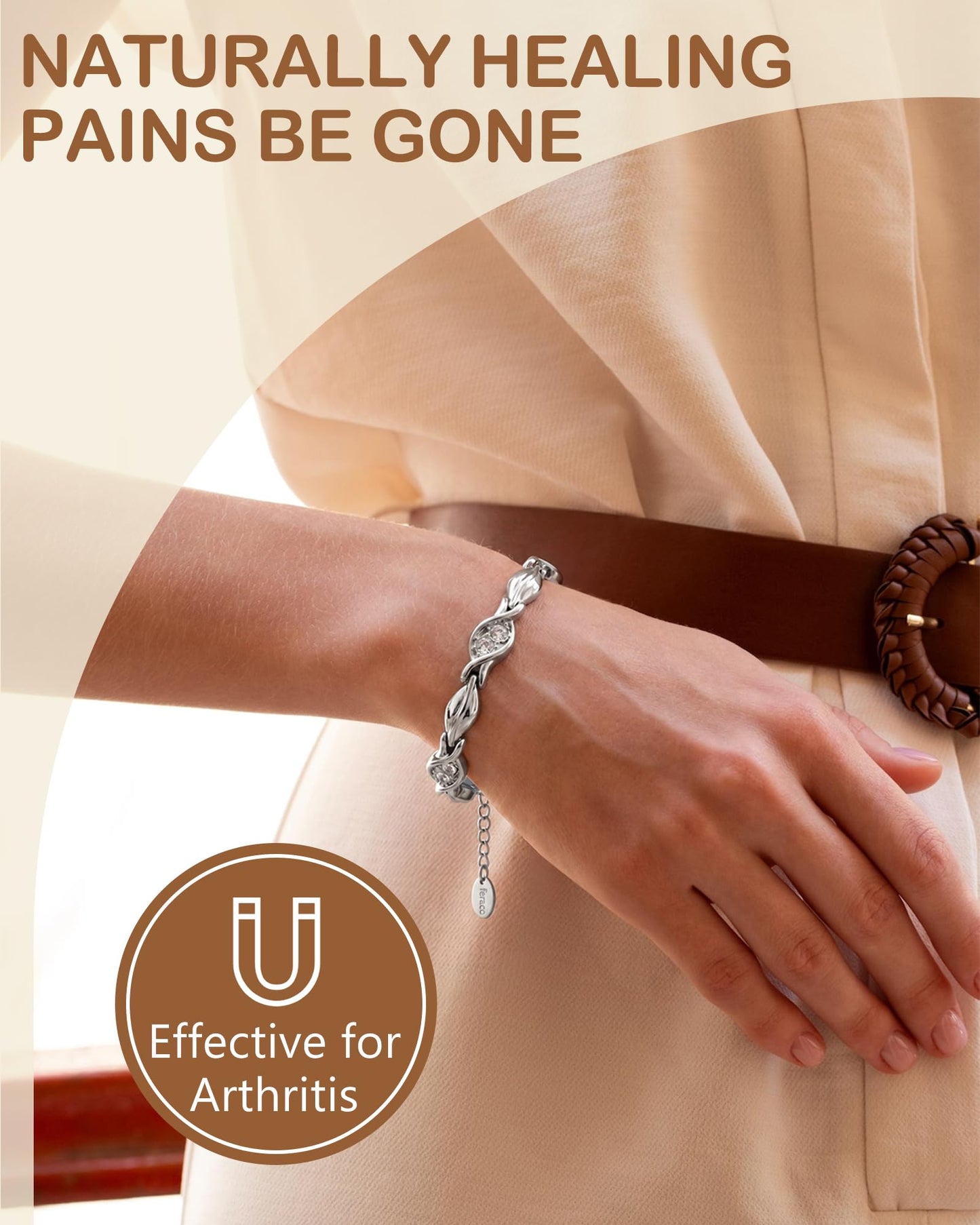 Feraco Pure Copper Bracelets for Women, Ultra Strength Magnetic Bracelet for Women with 3800 Gauss Magnet & Dazzling Austrian Crystals Stone, Copper Jewelry Gift (Silver)