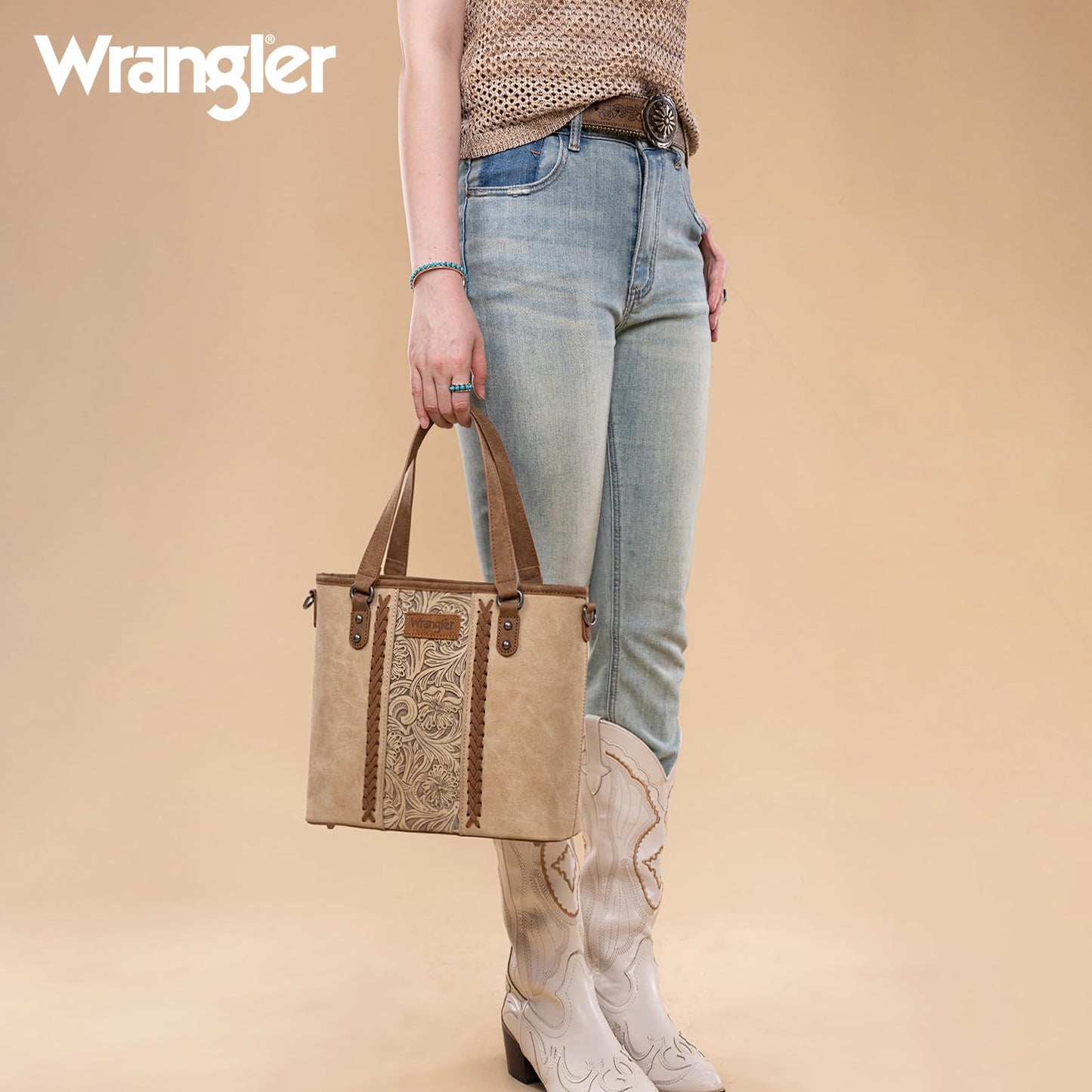 Montana West Wrangler Tote Bag for Women Western Purse Embossed Handbags Medium Satchel Retro Top Handle Shoulder Bag, Beige Purse, WG205-81134BG