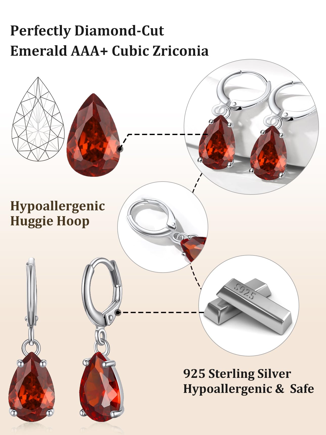 Bestyle Sterling Silver Teardrop July Birthstone Earrings Dangle - Sparkle Ruby Red Drop Earrings for Women Dangling -Small Silver Huggie Hoop Earrings For Women | Trendy CZ Huggie Earrings