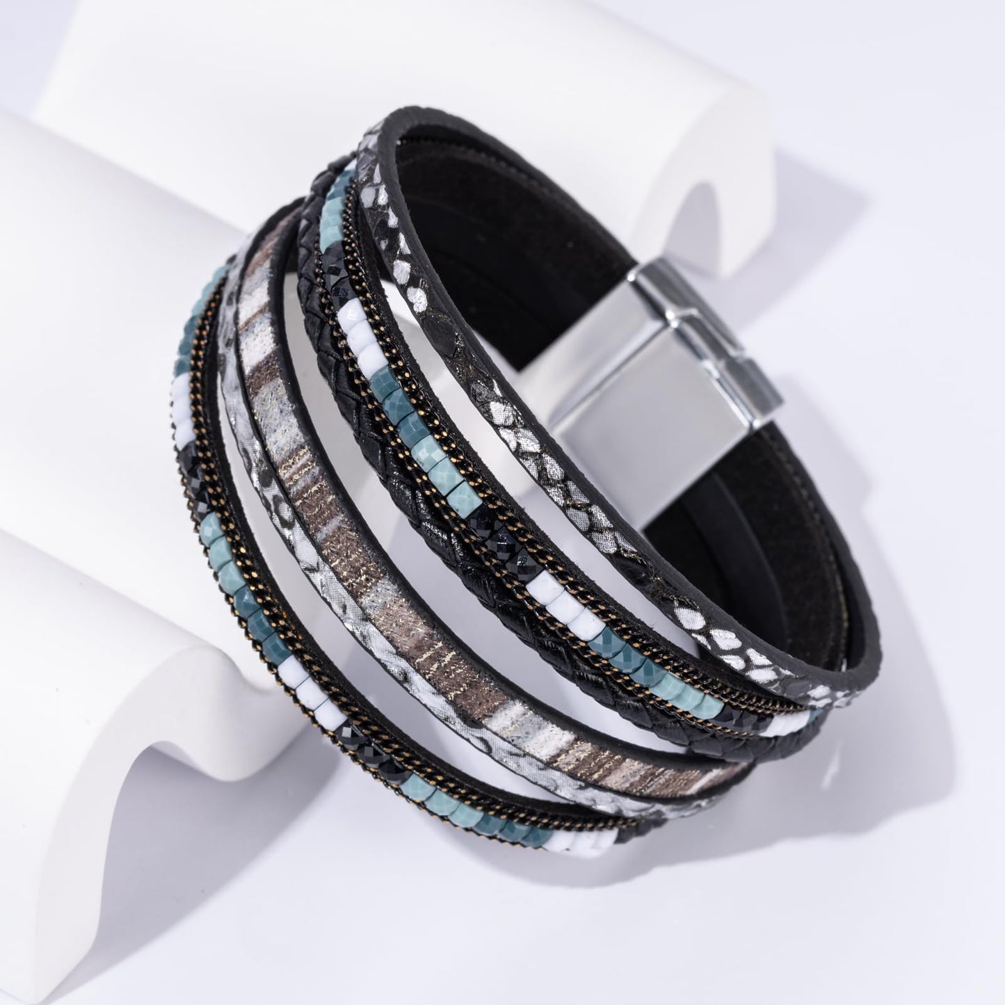 Becklynn Boho Leather Wrap Bracelets Beaded Crystal Stackable Cuff Bracelet with Magnetic Clasp Cowboy Cowgirl County Concert Outfits Western Jewelry Gifts for Women(Double Layer Black)