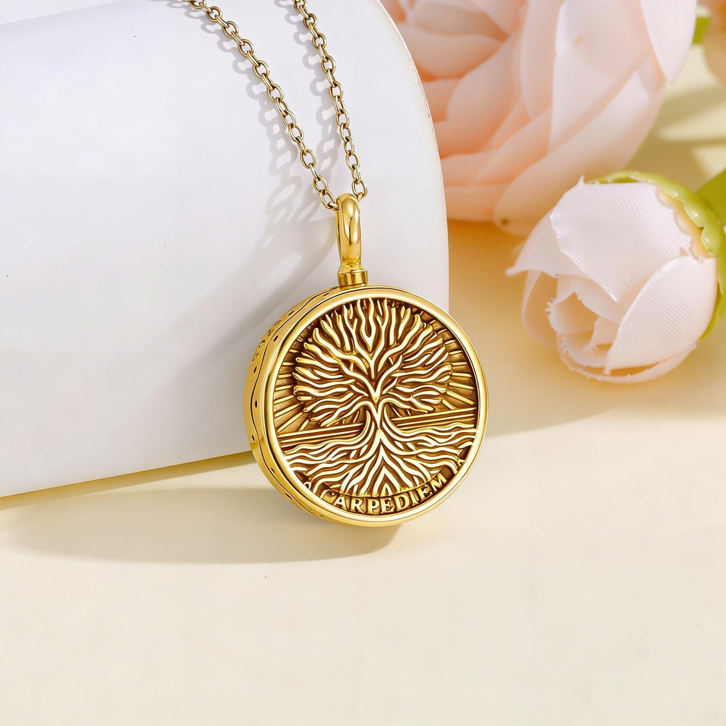 POIUY Memento Mori Gold Urn Necklace for Ashes Gothic Skull Cremation Pendant Tree of Life Memorial Keepsake Jewelry Stoicism Mori Gift for Men Women 22+2 Inch Chain