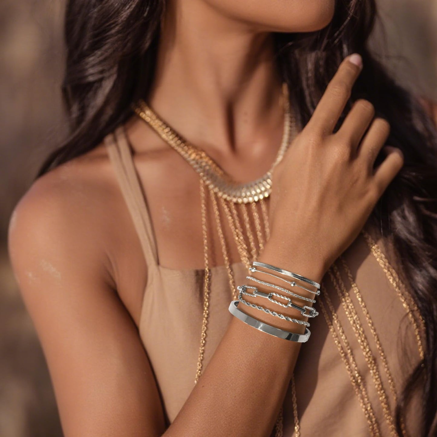Gold Bracelets for Women, Exquisite 18K and 14K Real Gold-Plated Bracelet Stacking Sets, Waterproof Cuban Chains, Paperclip Chain , Cuff Bangles, Non Tarnish,Jewelry Gifts for Women (18Ksilver 6)