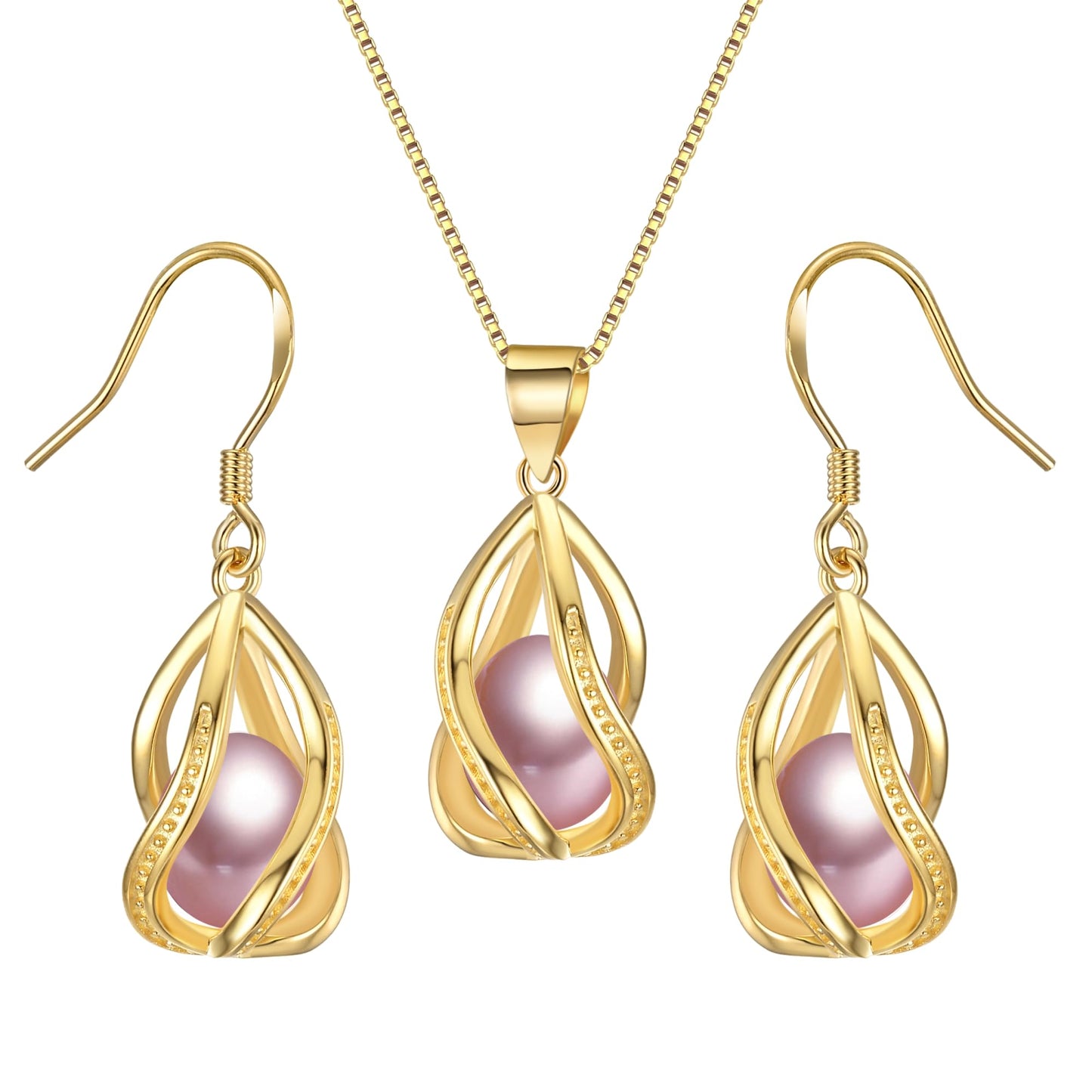 HENGSHENG Pearl Jewelry Set For Women 14K Gold Plated Necklace & Earrings Set Freshwater Pearl Pendant Cage Set for Wedding Anniversary Prom Birthday Gift - Golden Purple