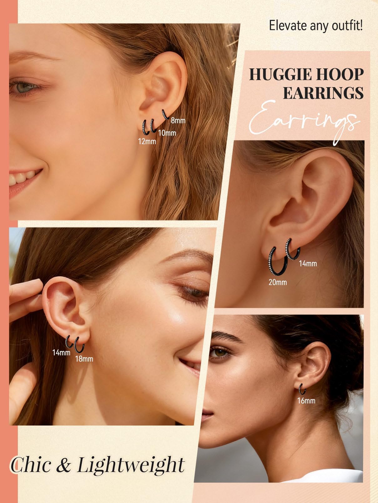 FaithHeart Cubic Zirconia Hoop Earrings for Women, Black Hypoallergenic Huggie Hoop Earrings, Small Cartilage Earrings for Women 18mm, Send Gift Box