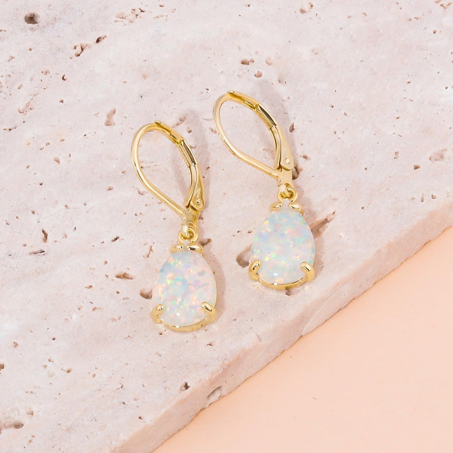 CiNily Teardrop Leverback Dangle Earrings for Women Hypoallergenic White Opal Pendant Drop Earrings 14K Gold Plated Hanging Lever Earrings Fashion Graduation Party Jewelry Gifts for Sensitive Ears