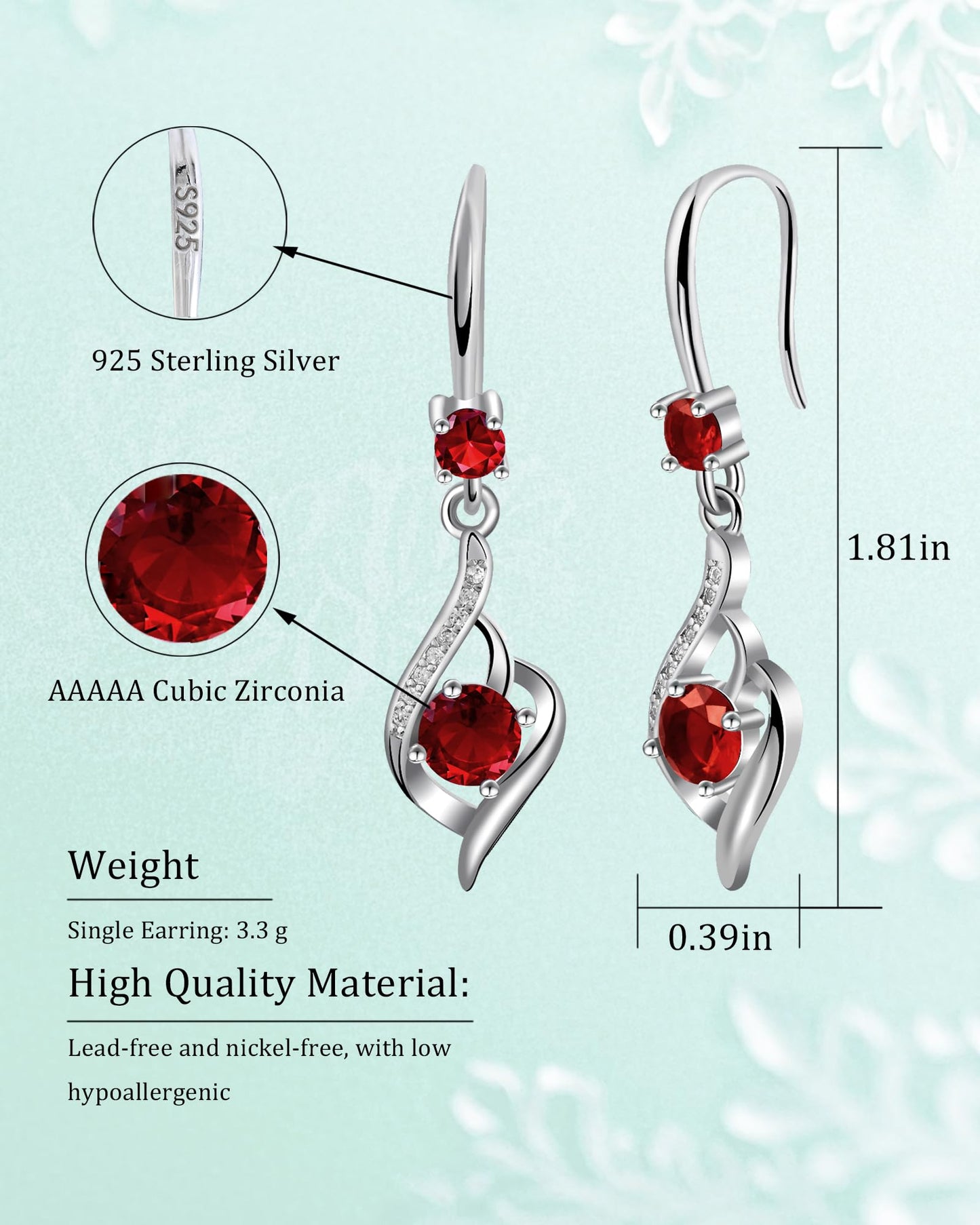 Heart Ruby Drop Dangle Earrings-925 Sterling Silver with Red Crystals-Long Birthstone Jewellery for Women