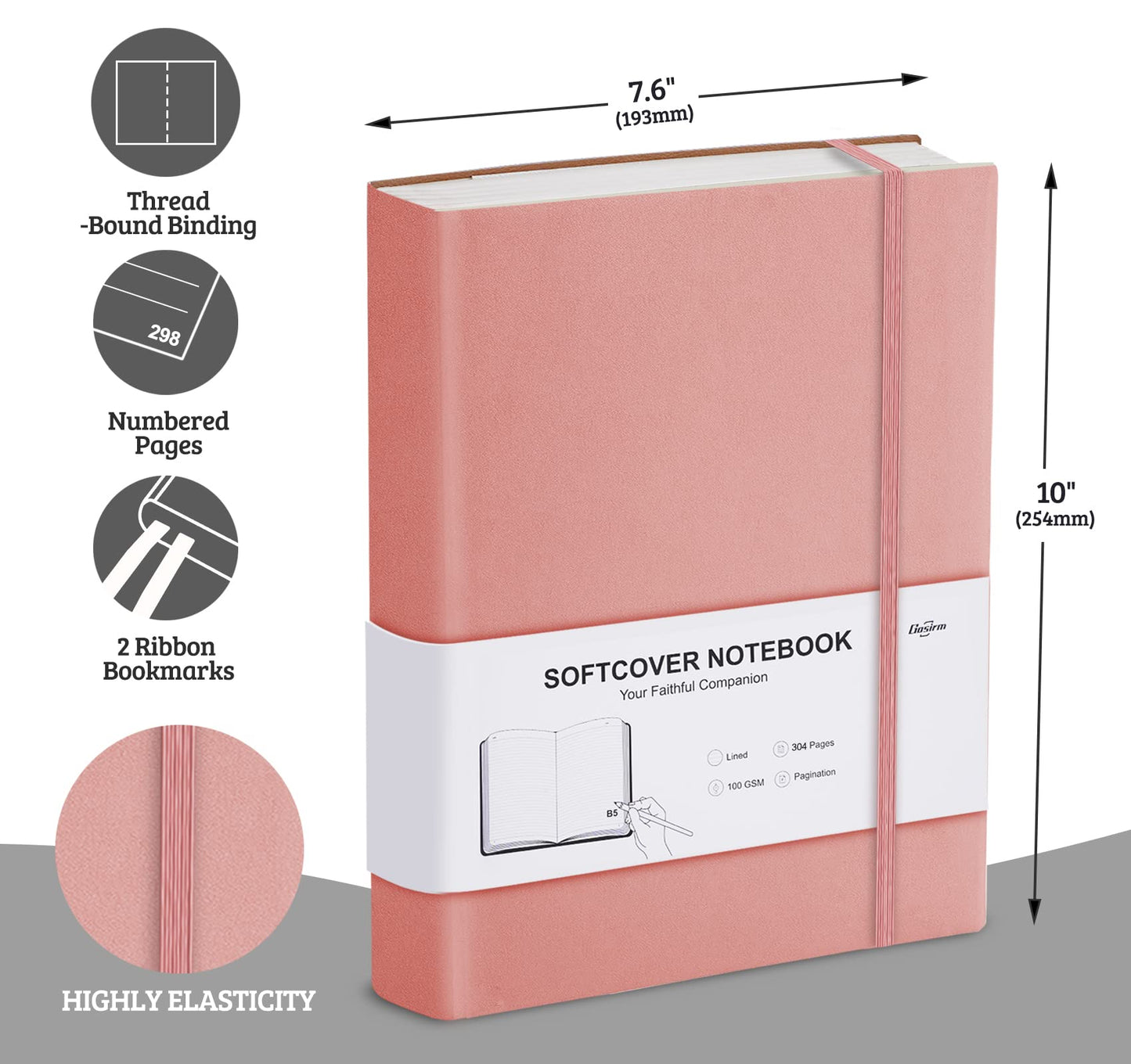 Gosirm Lined Notebook Journal Softcover, B5 Leather Notebook with Lined Paper 100gsm, Thick Journals for Women Men, Large College Ruled Notebooks for Writing, Work, 7.6'' X 10'' - 304 Pages Pink