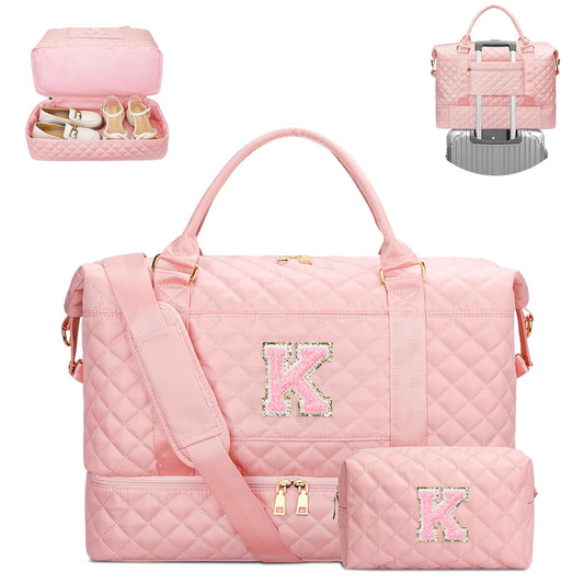 CLOUDWINGS Gifts for Women Girls Initial Travel Duffle Bag Quilted Weekender Carry-On Overnight with Cosmetic Bag, Gym Bag with Shoe Compartment, Pink K