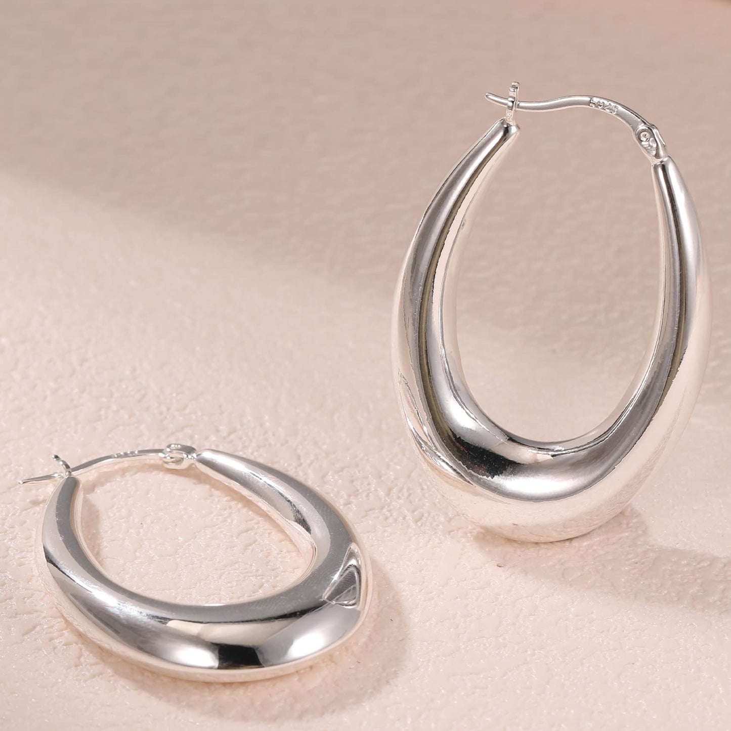 PABBEU Sterling Silver Chunky Oval Hoop Earrings, 40mm, Hypoallergenic, for Women