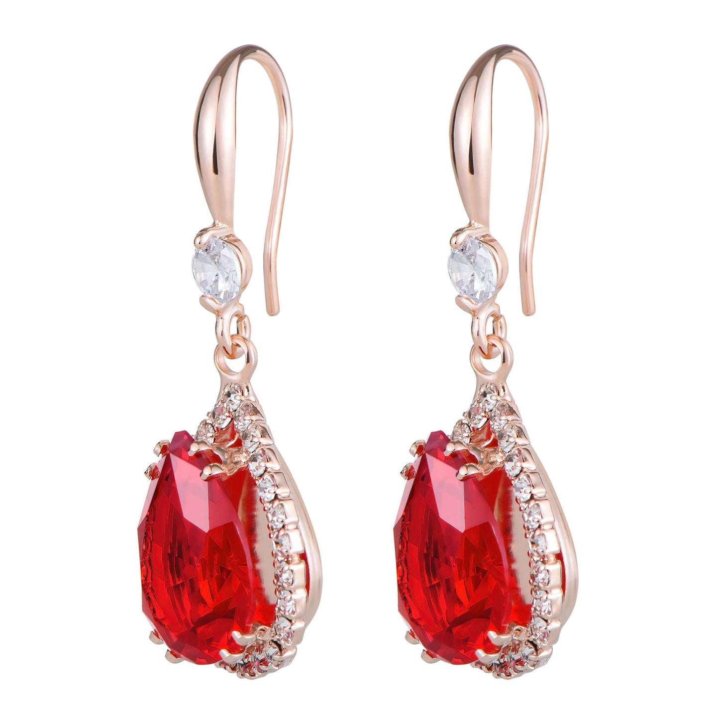 Linawe Red Dangle Earrings for Women Rose Gold, Ruby Imitation Diamond Wedding Drop Earrings, Rhinestone Cubic Zirconia Crystal Earrings Set, Teardrop Birthstone Jewelry