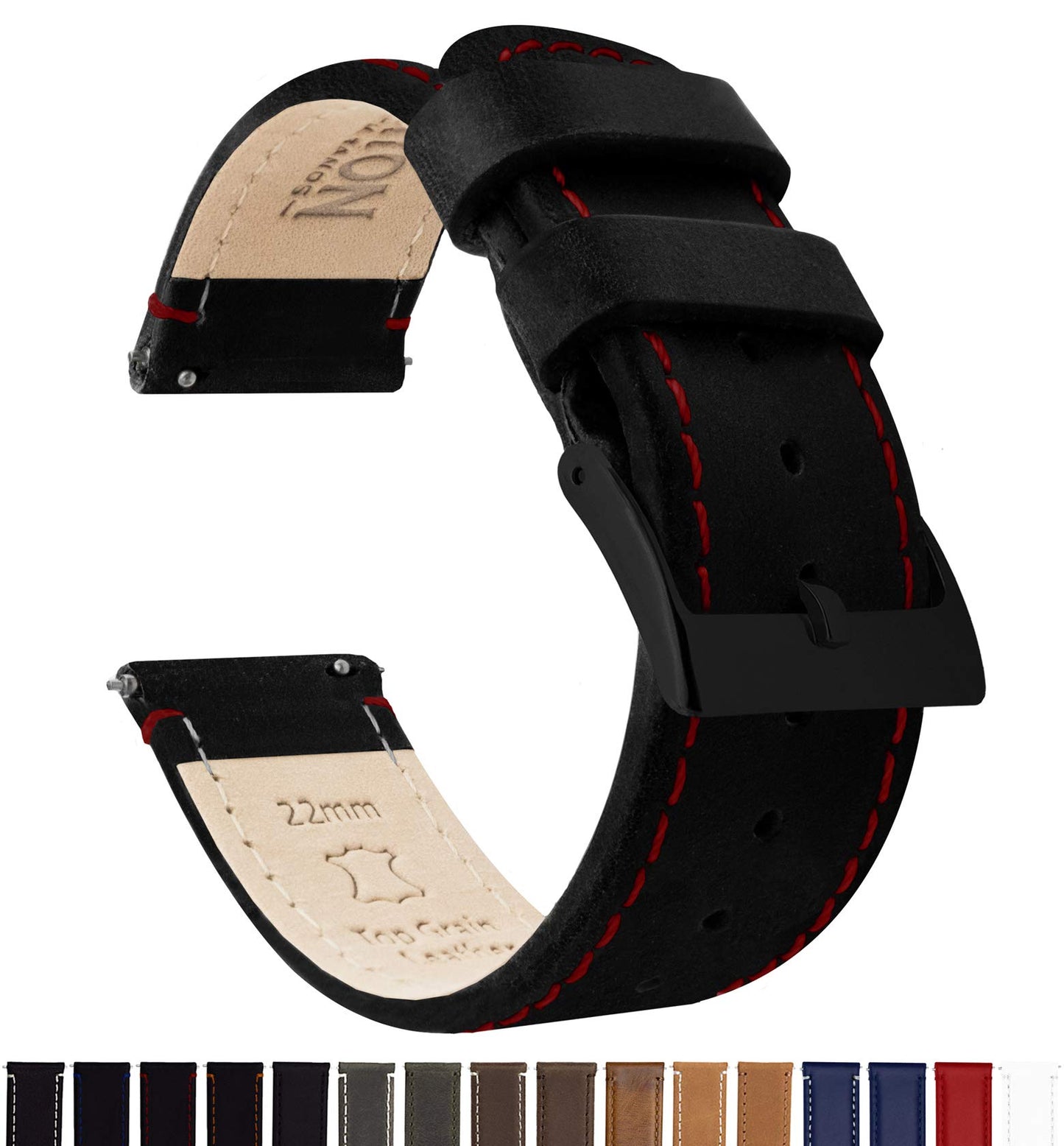BARTON WATCH BANDS Quick Release Top Grain Leather Watch Band Strap, Black Leather/Red Stitching (Black Buckle), 20mm