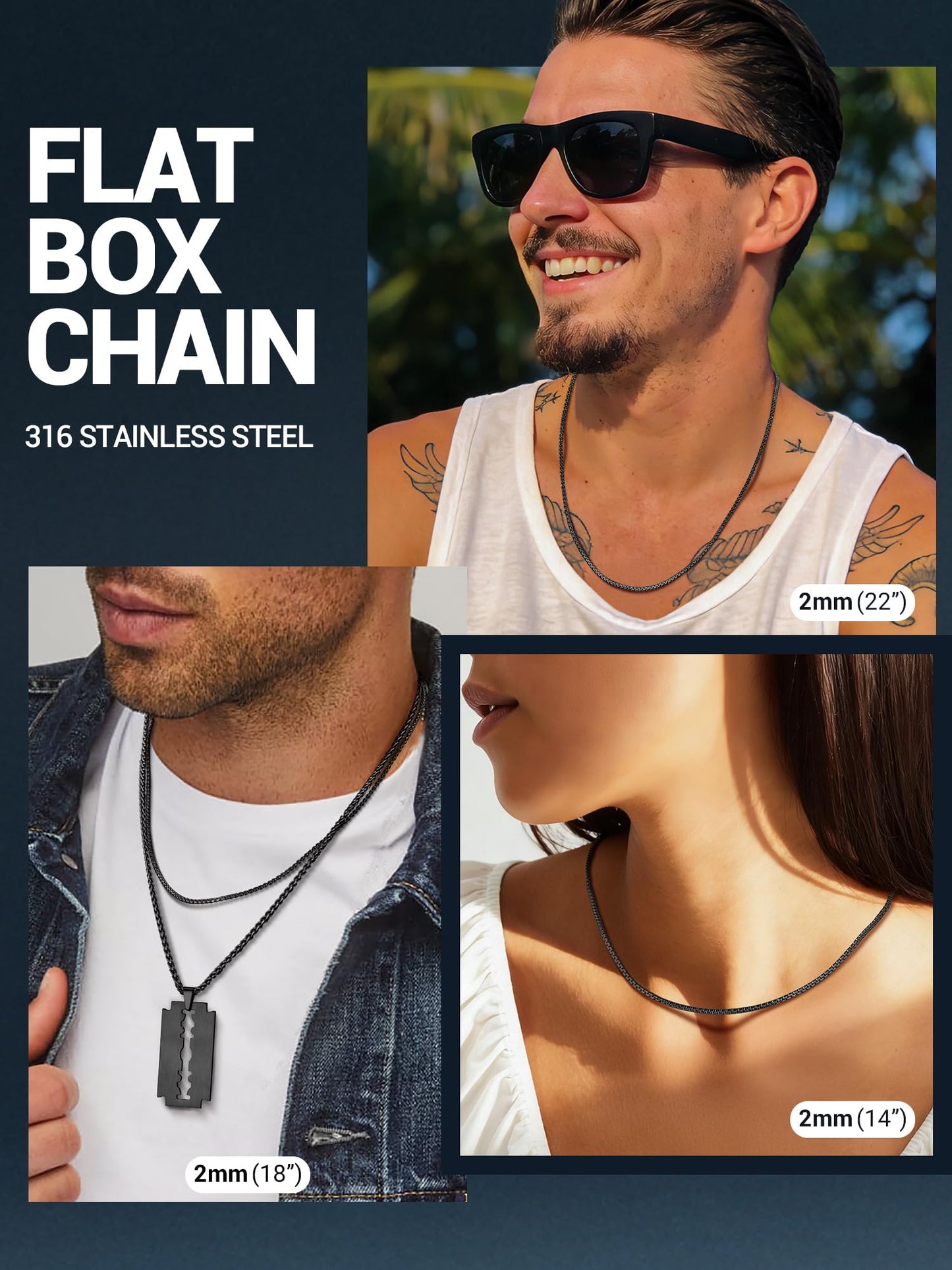 PROSTEEL Black Chain Necklace 2mm Black Necklace Chain No Tarnish & Durable Mens Jewelry 22inch