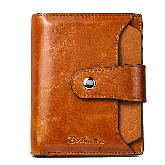BOSTANTEN Women Leather Wallet RFID Blocking Small Bifold Zipper Pocket Wallet Card Case Purses with ID Window Brown