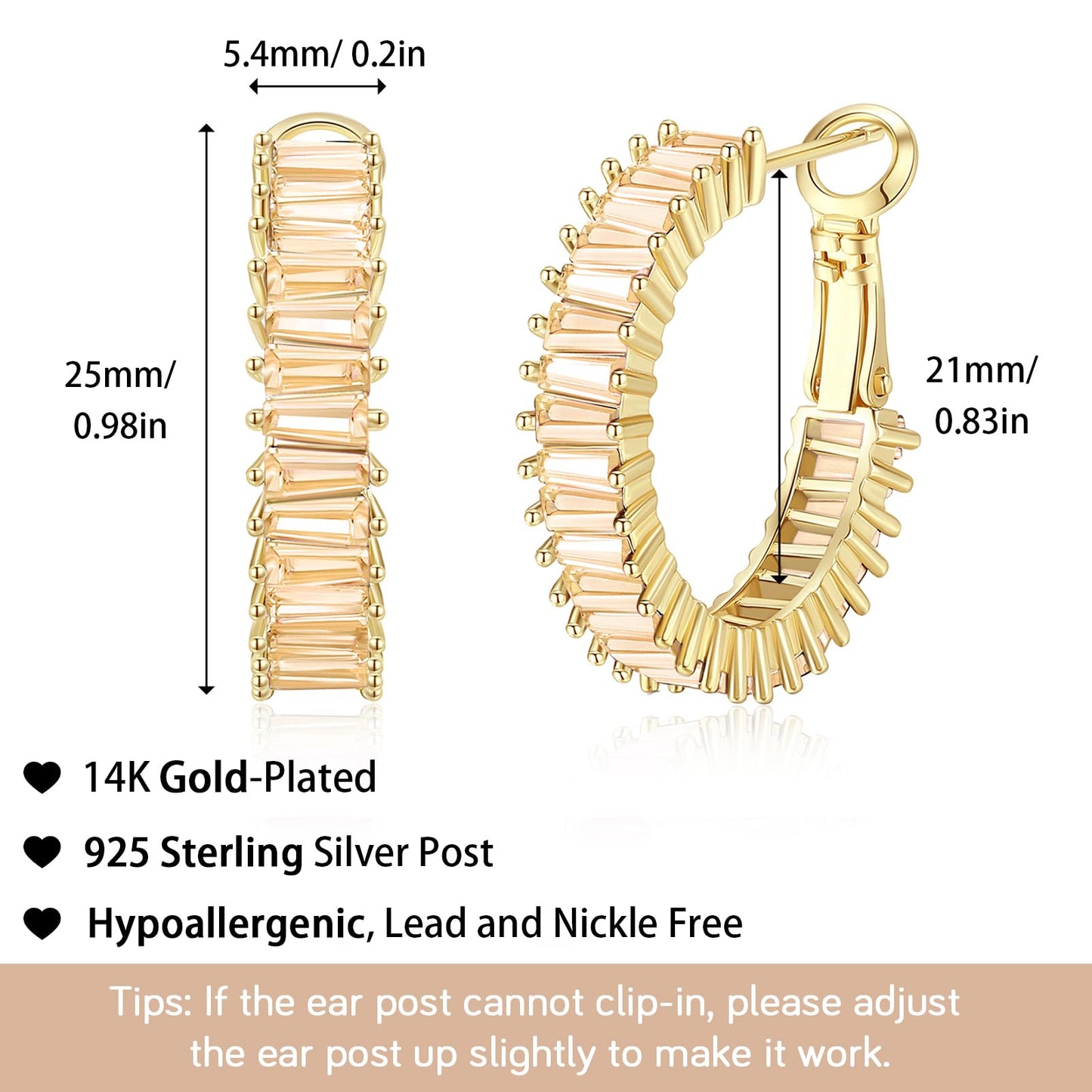GLOQUAT Crystal Champagne Hoop Earrings 14K Gold Plated Hoops for Women 925 Sterling Silver Post Vintage Baguette Cubic Zirconia Earrings Trendy Gold Round Circle Yellow Hoops for Women Jewelry 25mm