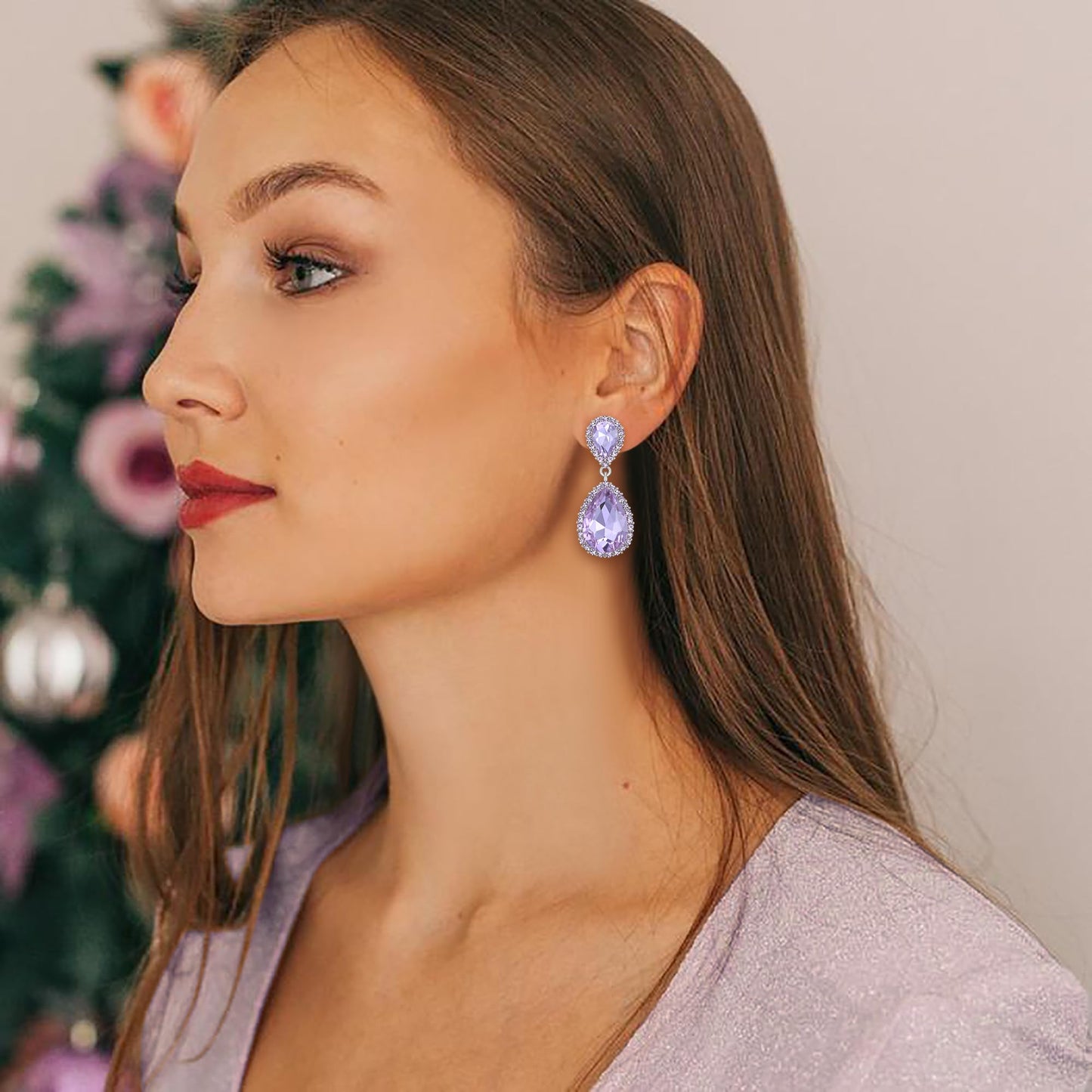 EVER FAITH Austrian Crystal Homecoming Party Dangle Earrings, Elegant Wedding Prom Waterdrop Pierced Earrings for Women Lavender Color