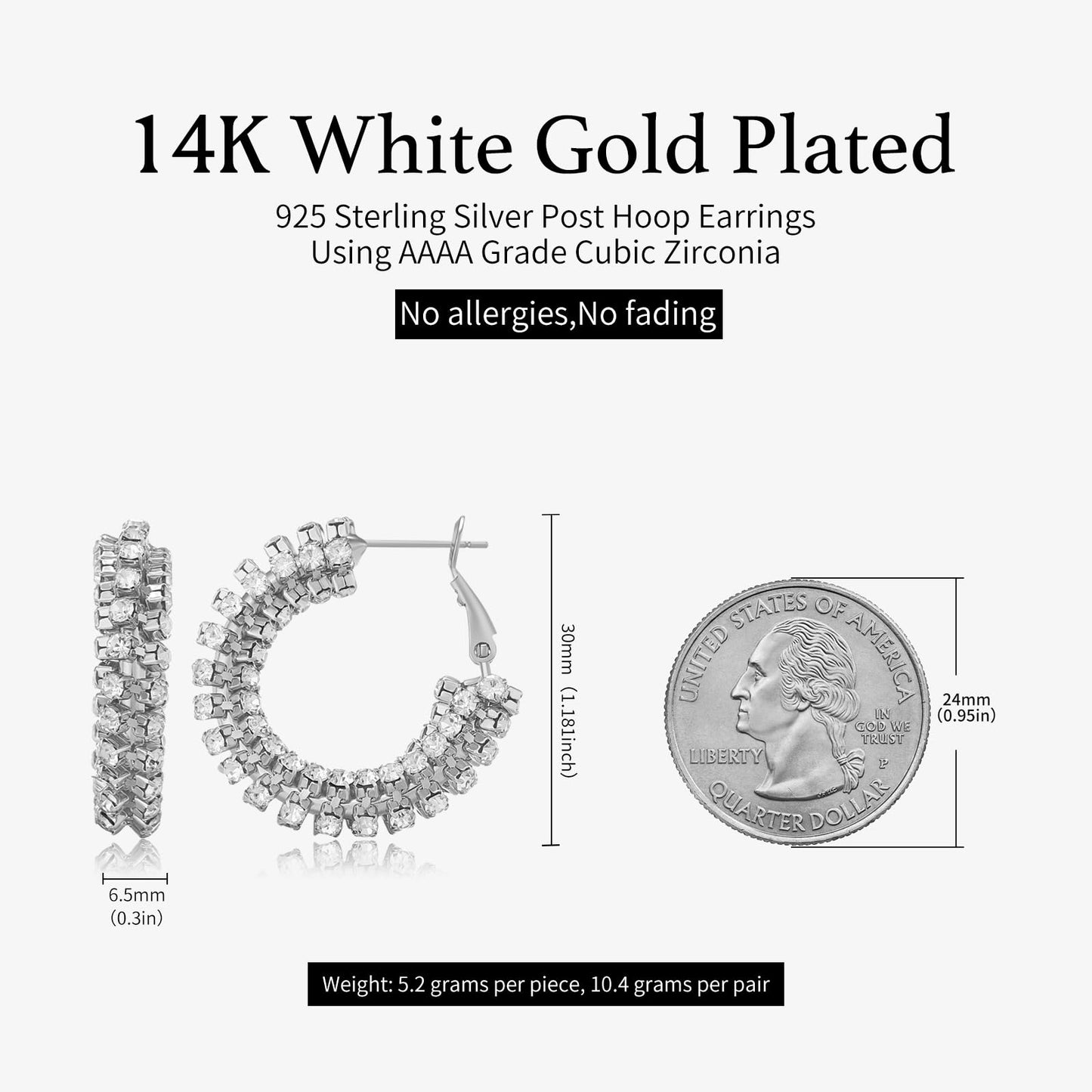SayovatBek 14K Gold Plated 25–35mm Lightweight Hoop Earrings for Women, Cubic Zirconia, 925 Sterling Silver Post, Hypoallergenic Jewelry