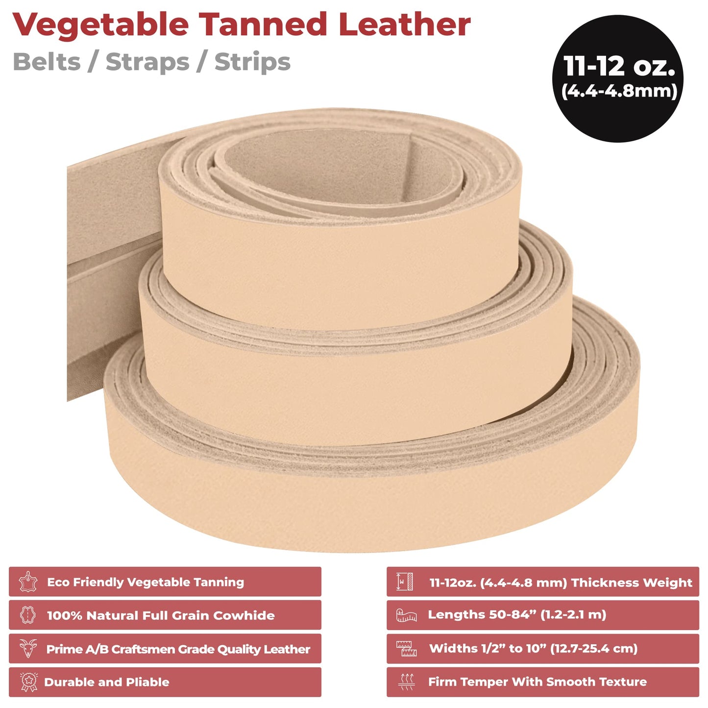 European Leather Works 11-12 oz. (4-4.8mm) Vegetable Tanned Leather Belt Blanks/Straps Size: 2-1/2"x50" (6.35x127cm) Full Grain Cowhide Tooling, Crafting, Knife Sheath, Furniture