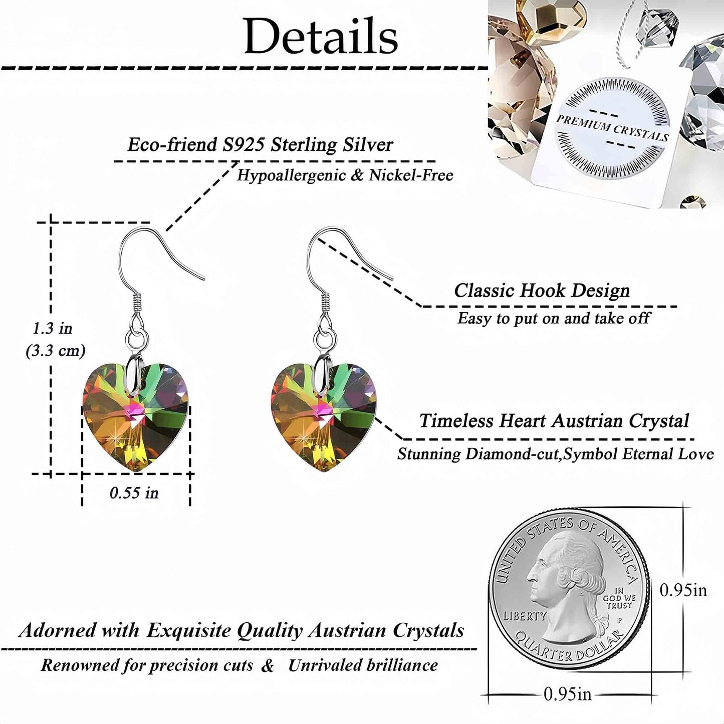 Austrian Crystal Heart Drop Dangle Earrings for Women 925 Sterling Silver Hook Hypoallergenic Earring (Vitrail Medium)