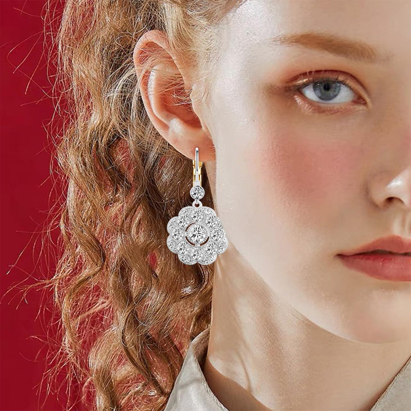 JNONL Vintage Silver Sparkly Crystal Camellia Flower Leverback Earrings Rhinestone Snowflake Round Dangle Drop Earrings for Women (Silver 4)