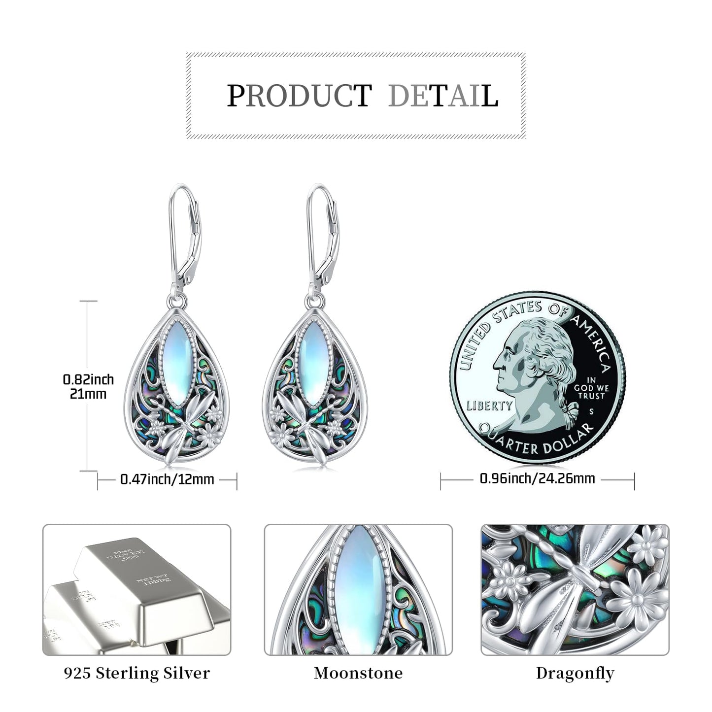 KoyeKei Dragonfly Gifts for Women 925 Sterling Silver Dragonfly Filigree Dangle Drop Earrings Abalone Moonstone Filigree Leverback Earrings Jewelry Gift for Girlfriend Wife Daughter