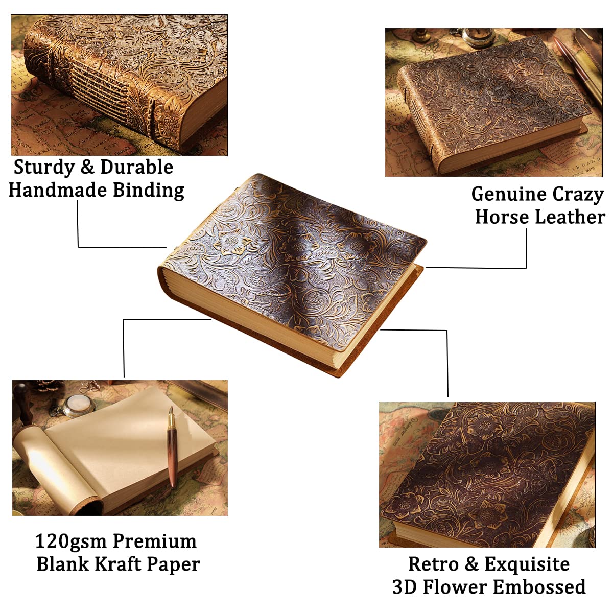 Acidea Vintage Embossed Sketchbook, Handcrafted Crazy Horse Leather Cover Journal Writing Notebook, Drawing Journal Diary for Men & Women Travelers, Artists, 400 Kraft Pages Brown 5.5 x 7.5 in