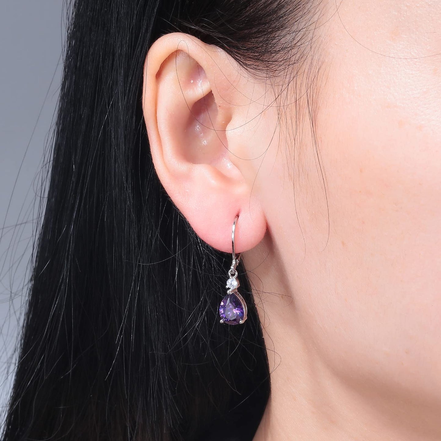 CiNily Leverback Dangle Earrings for Women 14K White Gold Plated Drop Earrings Purple Cubic Zircon Fashion Teardrop Hoop Earrings Hypoallergenic Jewelry for Sensitive Ear
