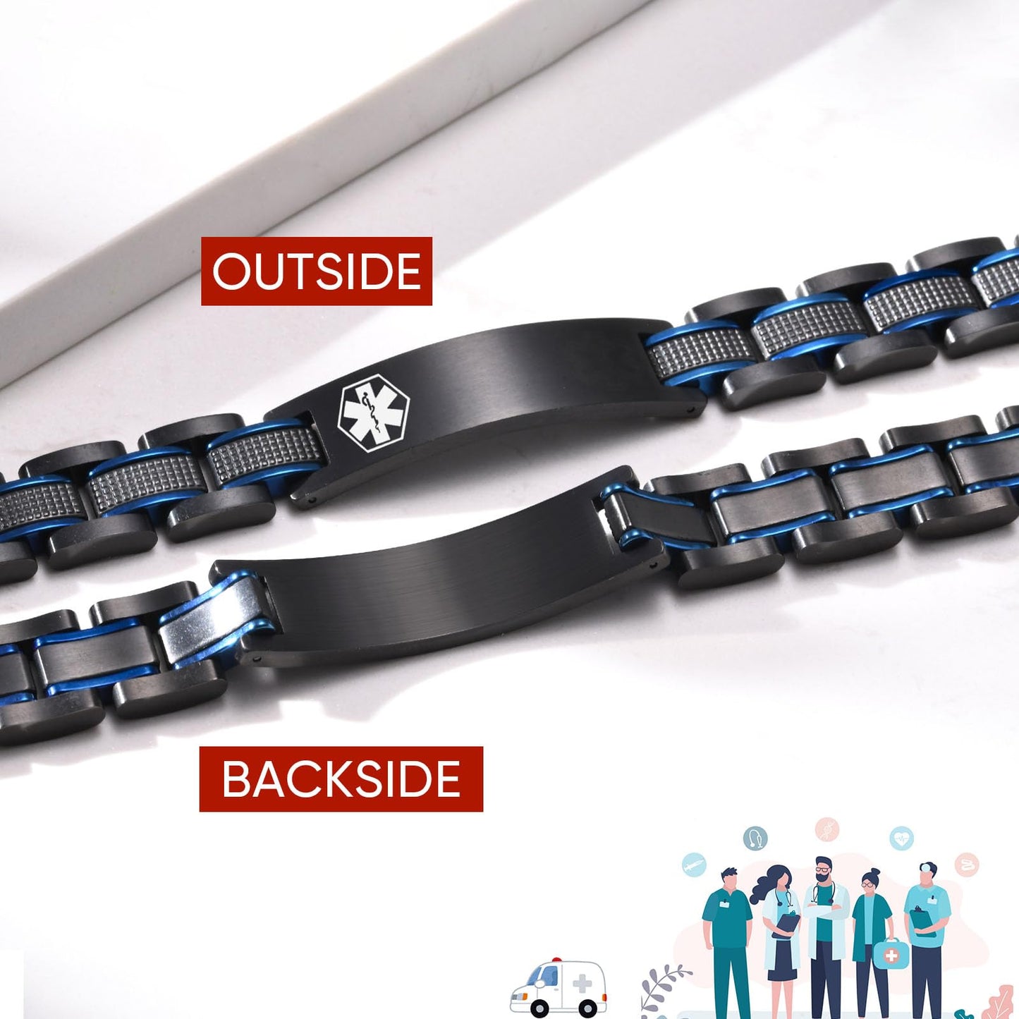 Medical ID Bracelet for Men : Free Engraving Stainless Steel Masculine Elaborate Medical Alert Wristband Personalized Medic ID Bracelet Jewelry 2-Tone Black Blue