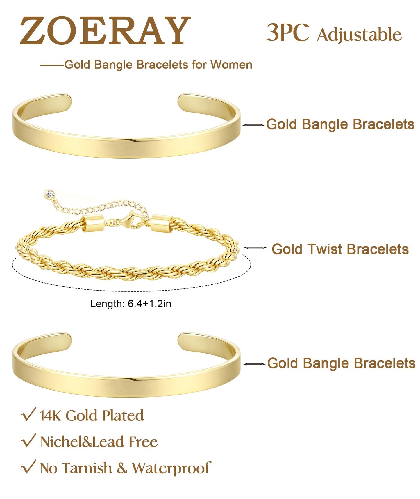 ZOERAY Silver Gold Bangle Bracelets for Women Non Tarnish 14k Gold Plated Stackable Cuff Bracelets for Women Trendy Cubic Zirconia Stainless Steel Chunky Bracelet Stack Set Waterproof Jewelry Gifts