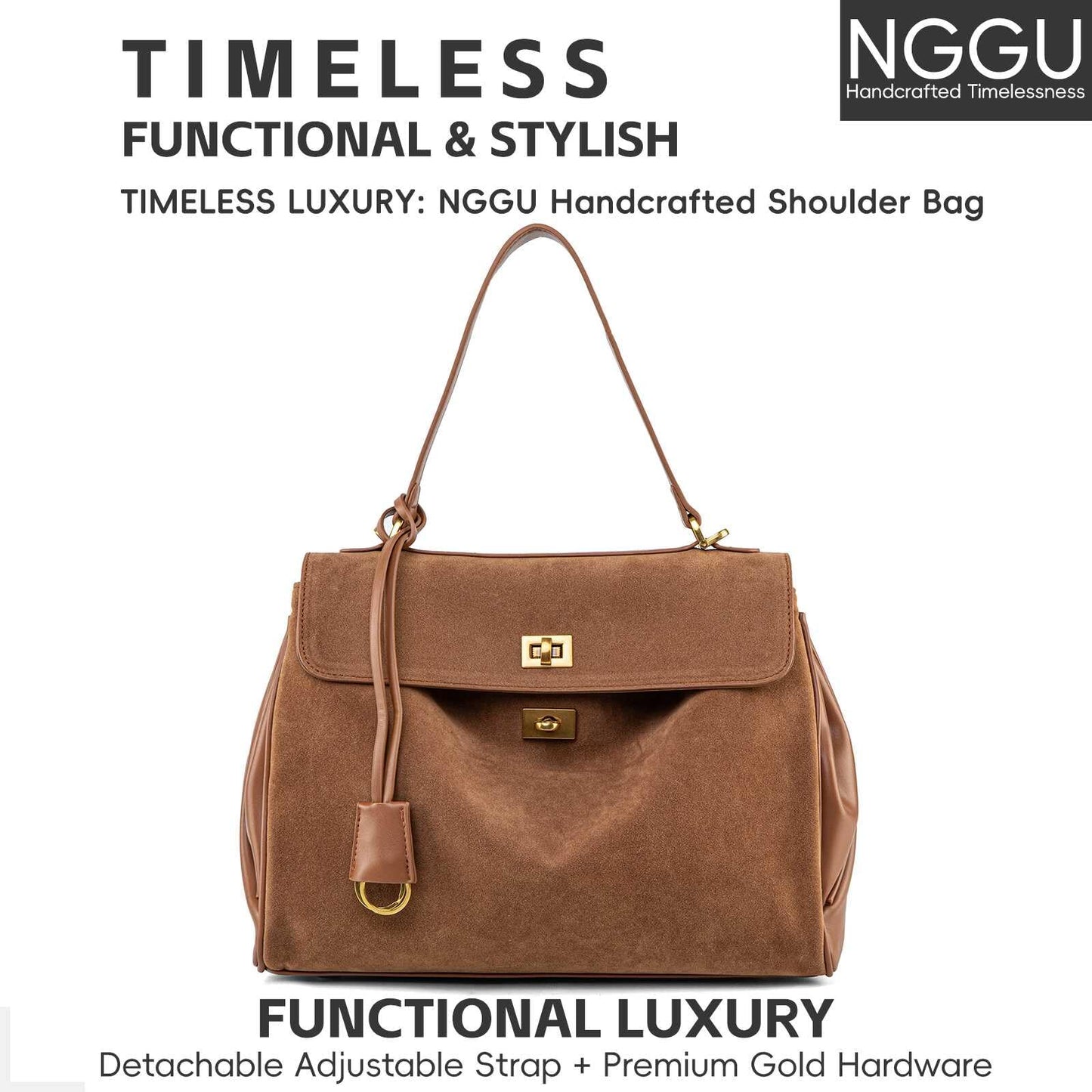 NGGU Suede & Leather Tote Bag for Women,Soft Leather Shoulder Handbags for Ladies,Satchel Purse for Travel Work & Medium & Brown Suede & Gold Clasp