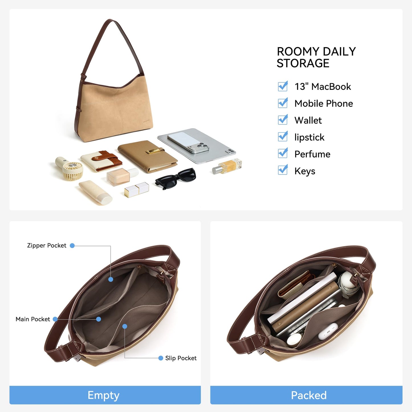 BOSTANTEN Hobo Bags for Women Suede and Vegan Leather Shoulder Handbag Purse for Everyday Work Travel Tan