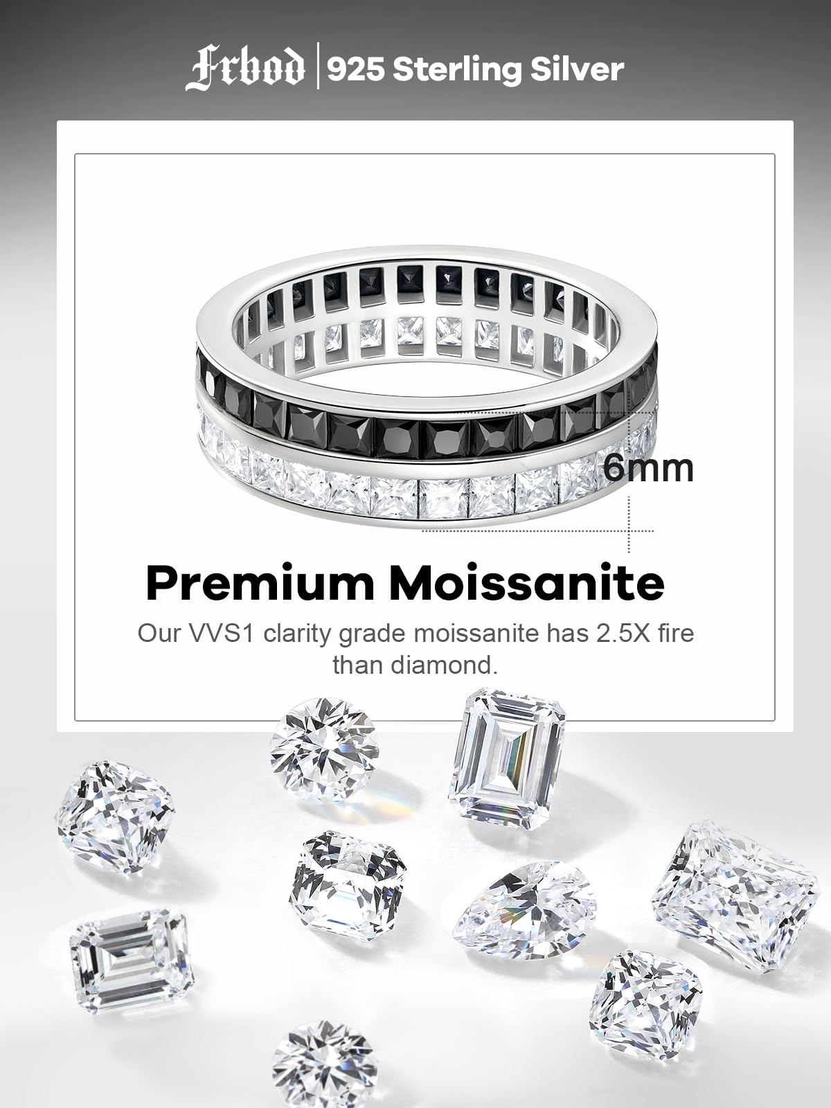Frbod Women's Sterling Silver Wedding Ring Sparkly Moissanite Eternity Band Black Diamond Rings for Men Size 10
