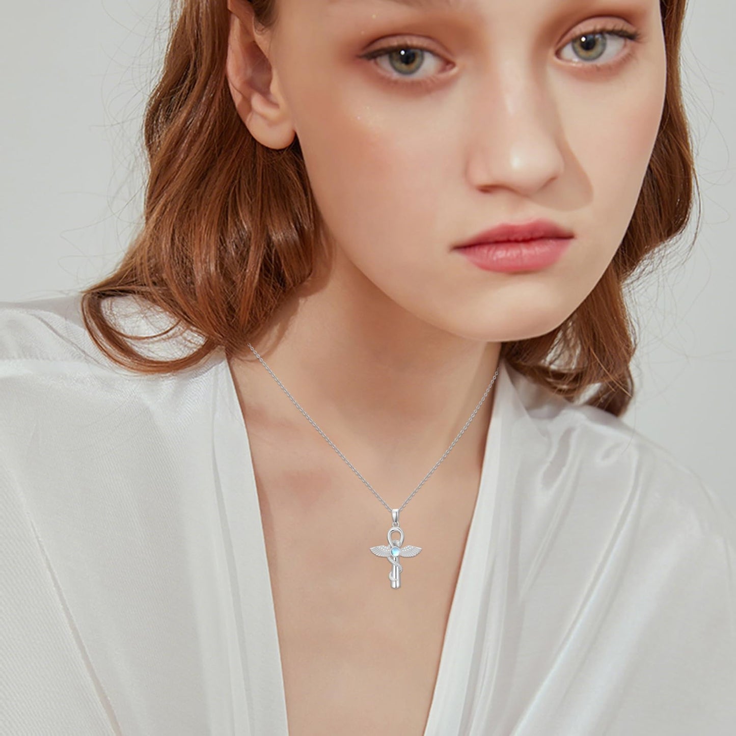 YEESIA Cross Necklace for Men and Women, 925 Sterling Silver Anka Cross Pendant Necklace with Moonstone, Egyptian Protective Jewelry Gift for Men and Women