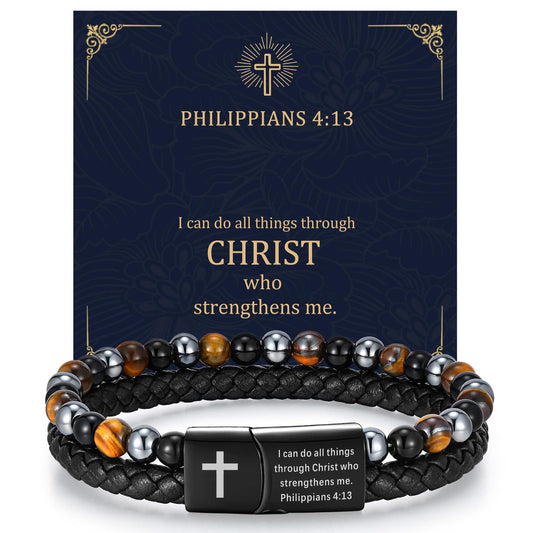 MEALGUET Triple Protection Leather Cross Bracelet : Men's Bible Verse Engraved Tiger's Eye Hematite Onyx Healing Stone Braided Black Cross Bracelets, I Can do All Things Through Christ