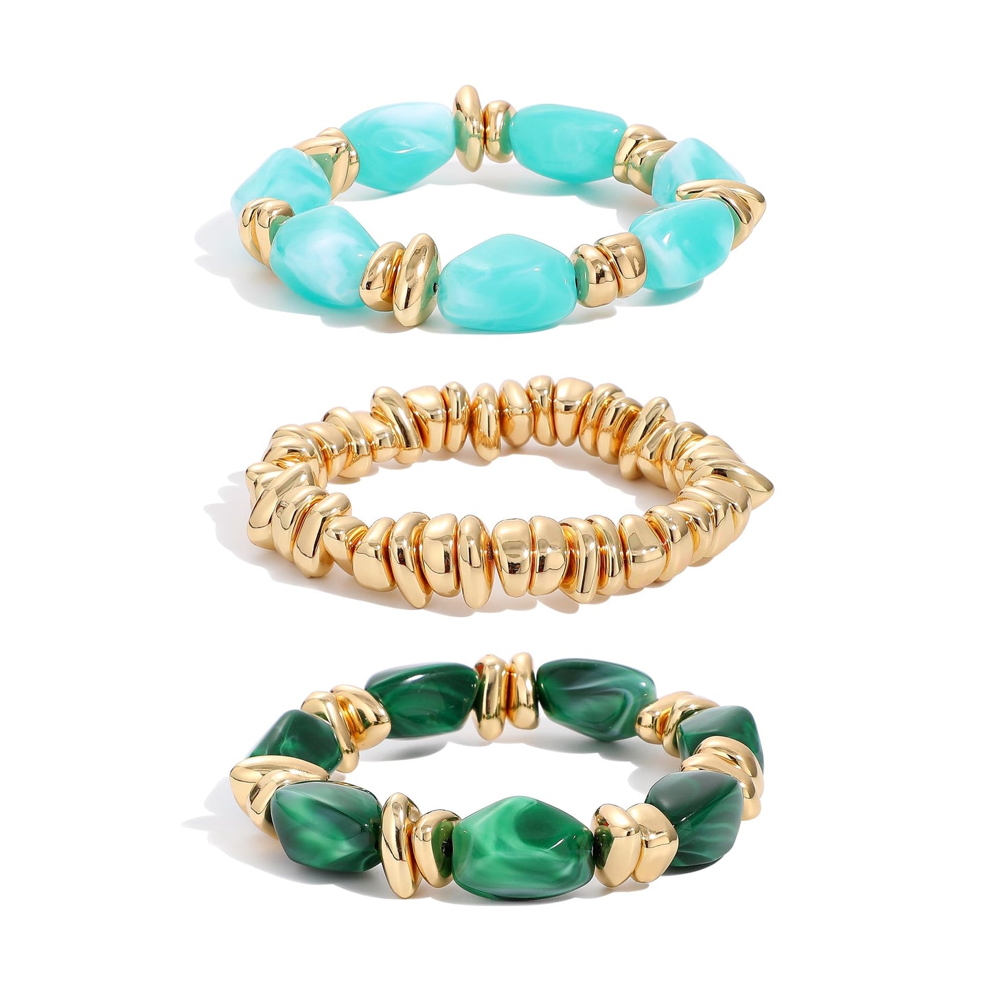 Sajidos Gold Plated Beaded Bracelets for Women Trendy, 14K Gold Plated Stack Cross Pearl Gold Plated Bead Stretch Bracelets Set Elastic Hypoallergenic Bracelets Jewelry Gifts (style13-bluegreen)