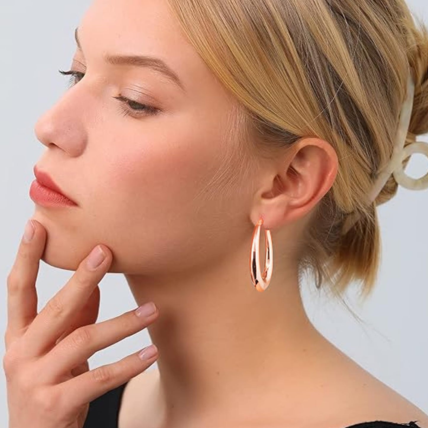 PABBEU Chunky Rose Gold Hoop Earrings for Women, Lightweight 14k Golden Plated Hoops Earrings, Hypoallergenic 925 Oval Rose Golds Hoops Earrings, Thick Gold Hoop Earrings for Women Gifts (40mm)