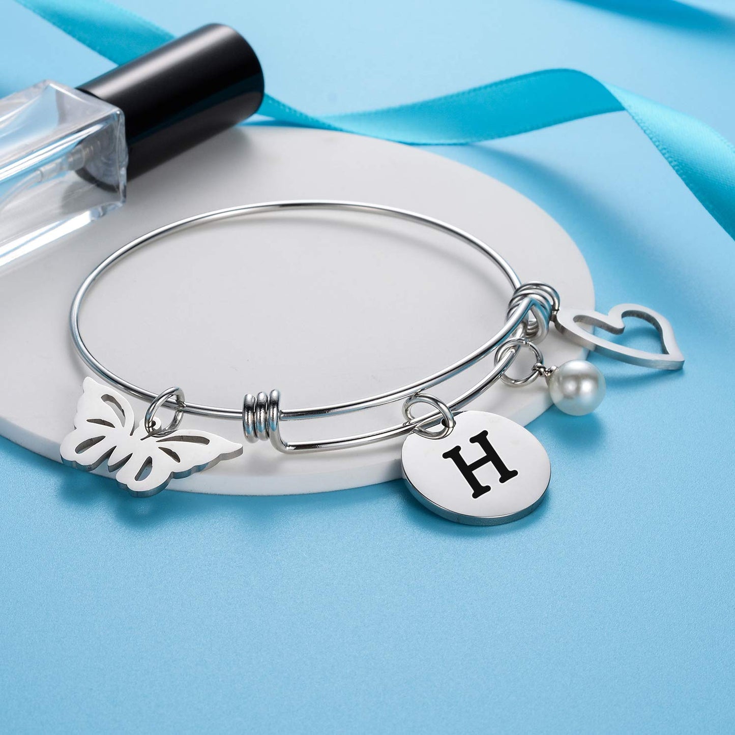 malyunin Initial Bracelet Charm Bracelets Heart Butterfly 26 Letters Alphabet Bracelet for Women Letter Bracelet Personalized Jewelry (H)