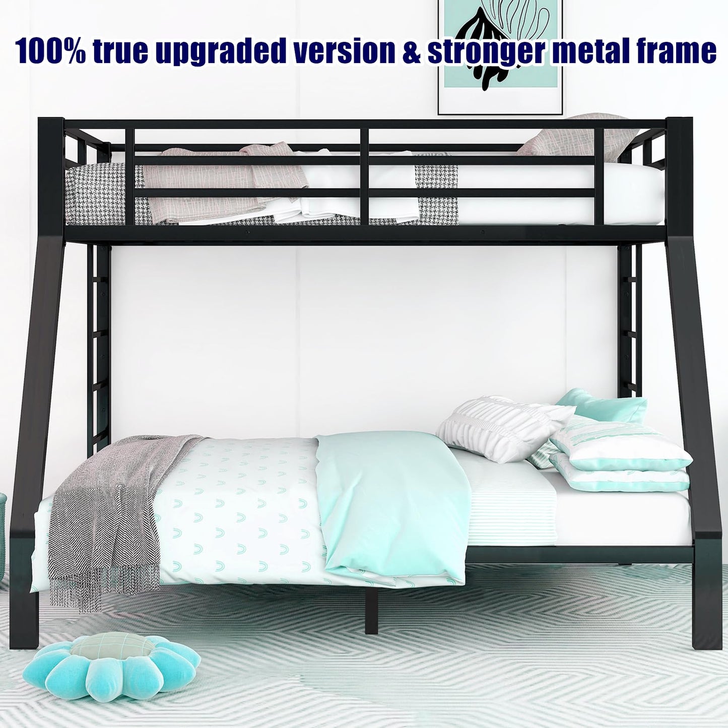 LEEKAF Stronger & Higher Quality Heavy Duty Metal Bunk Bed Twin XL Over Queen Size Bunkbed, Thickened Safer More Stable Steel Queen Bunk Bed (Faster Assembly) (Twin XL Over Queen)