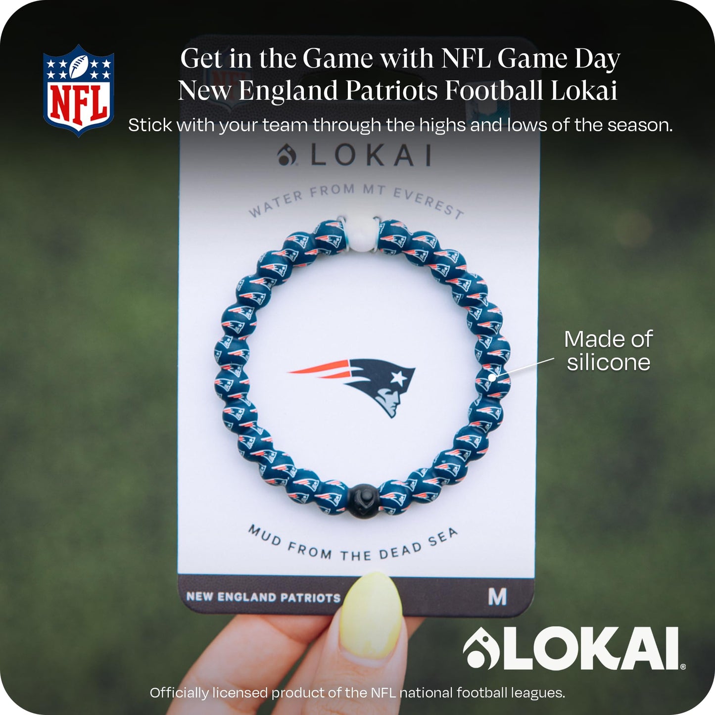 Lokai Silicone Beaded Bracelet for Men & Women, NFL Football Collection - New England Patriots, Blue Logo, Medium - Silicone Jewelry Fashion Bracelet Slides-On for Comfortable Fit