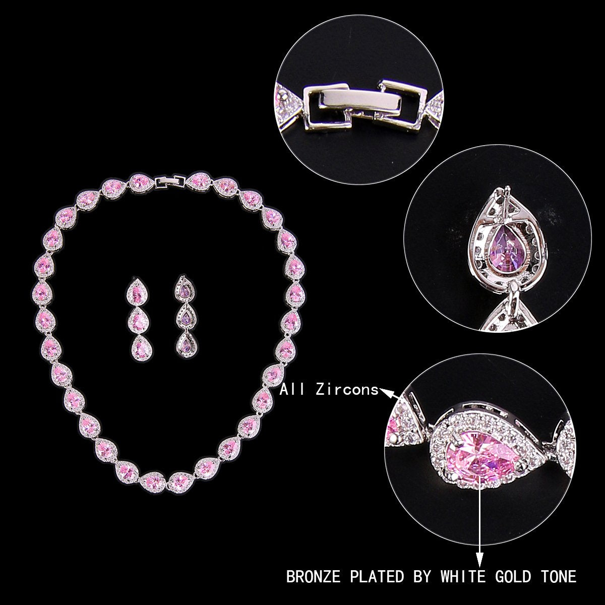 EVER FAITH Wedding Jewelry October Birthstone Pink Tourmaline-Color CZ Tear Drop Necklace Earrings Bracelet Set