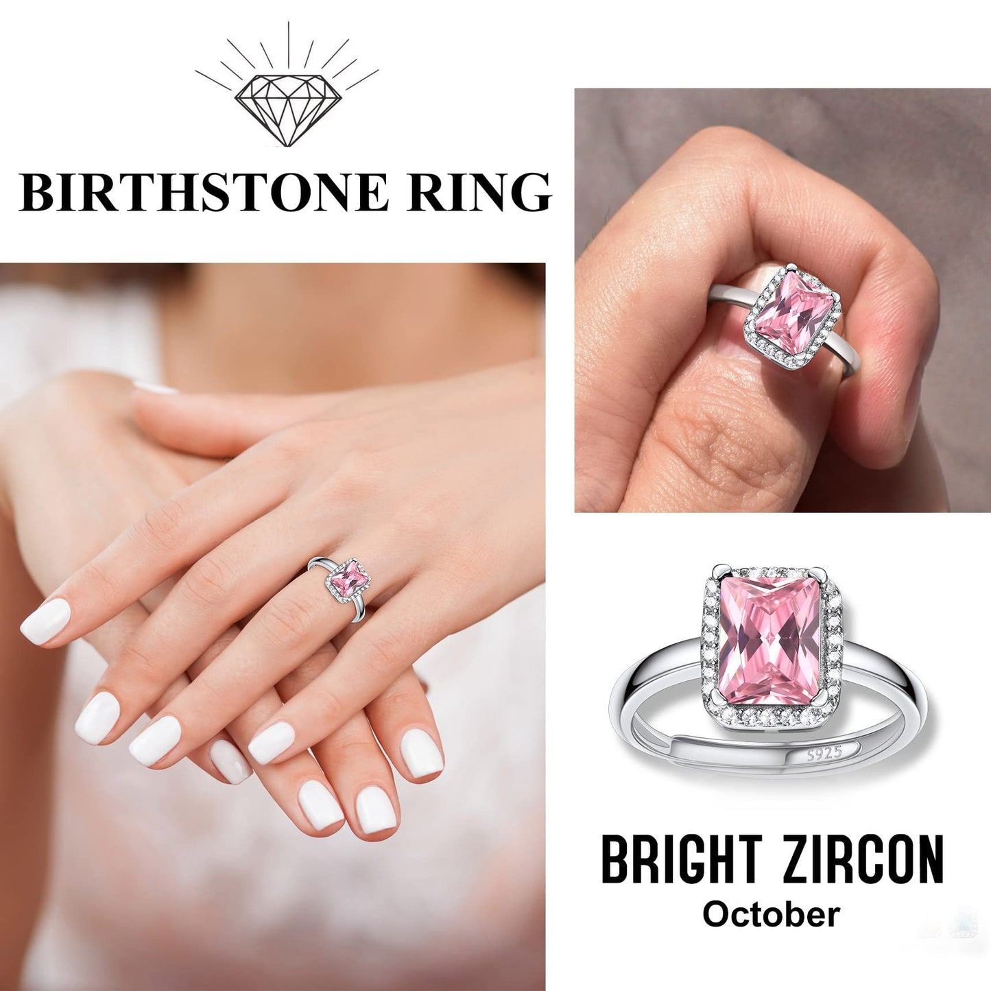 Bestyle Infinity Love Square October Pink Tourmaline Gemstone Rings with Sparkling CUbic Zirconia, Brilliant Love Square Diamond Halo Rings Statement Jewelry for Women