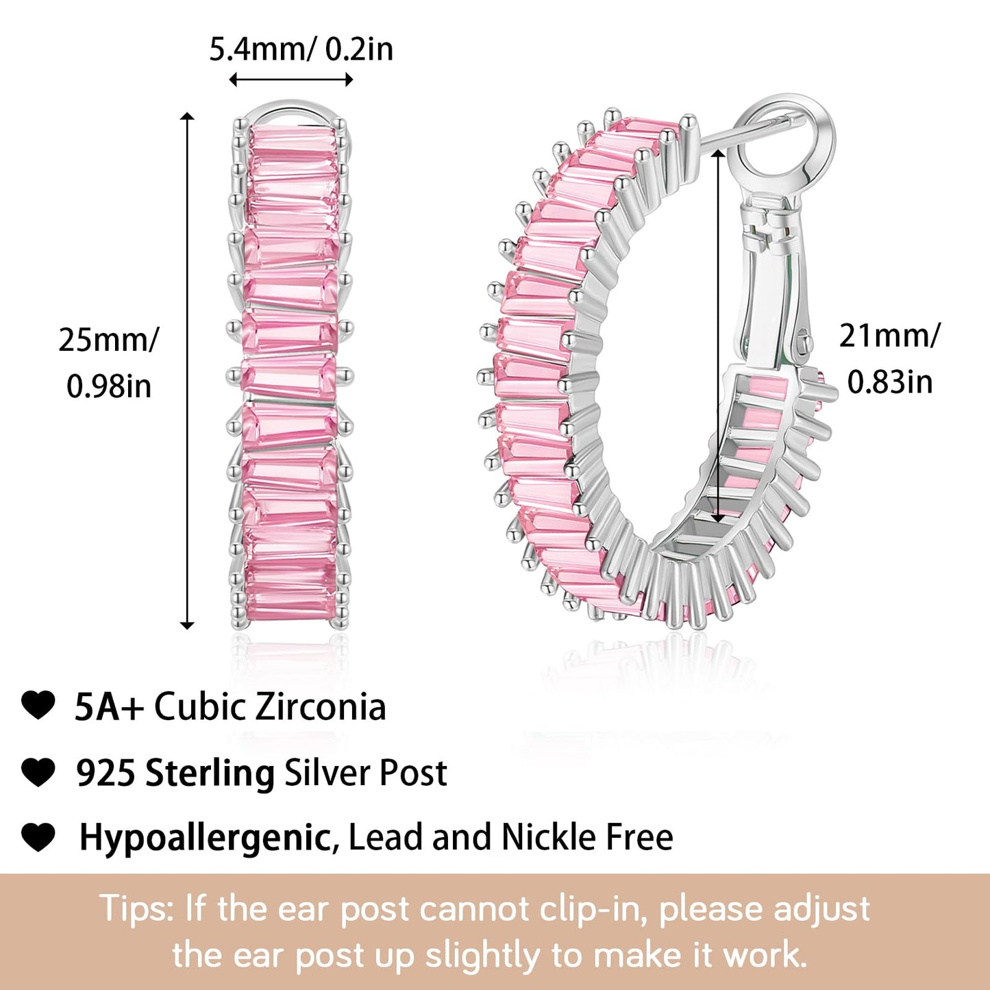 GLOQUAT Baby Pink CZ Hoop Earrings White Gold Plated Light Pink Hoops for Women 925 Sterling Silver Post Vintage Baguette Cubic Zirconia Earrings Trendy Pink Round Circle Hoops for Women Jewelry 25mm
